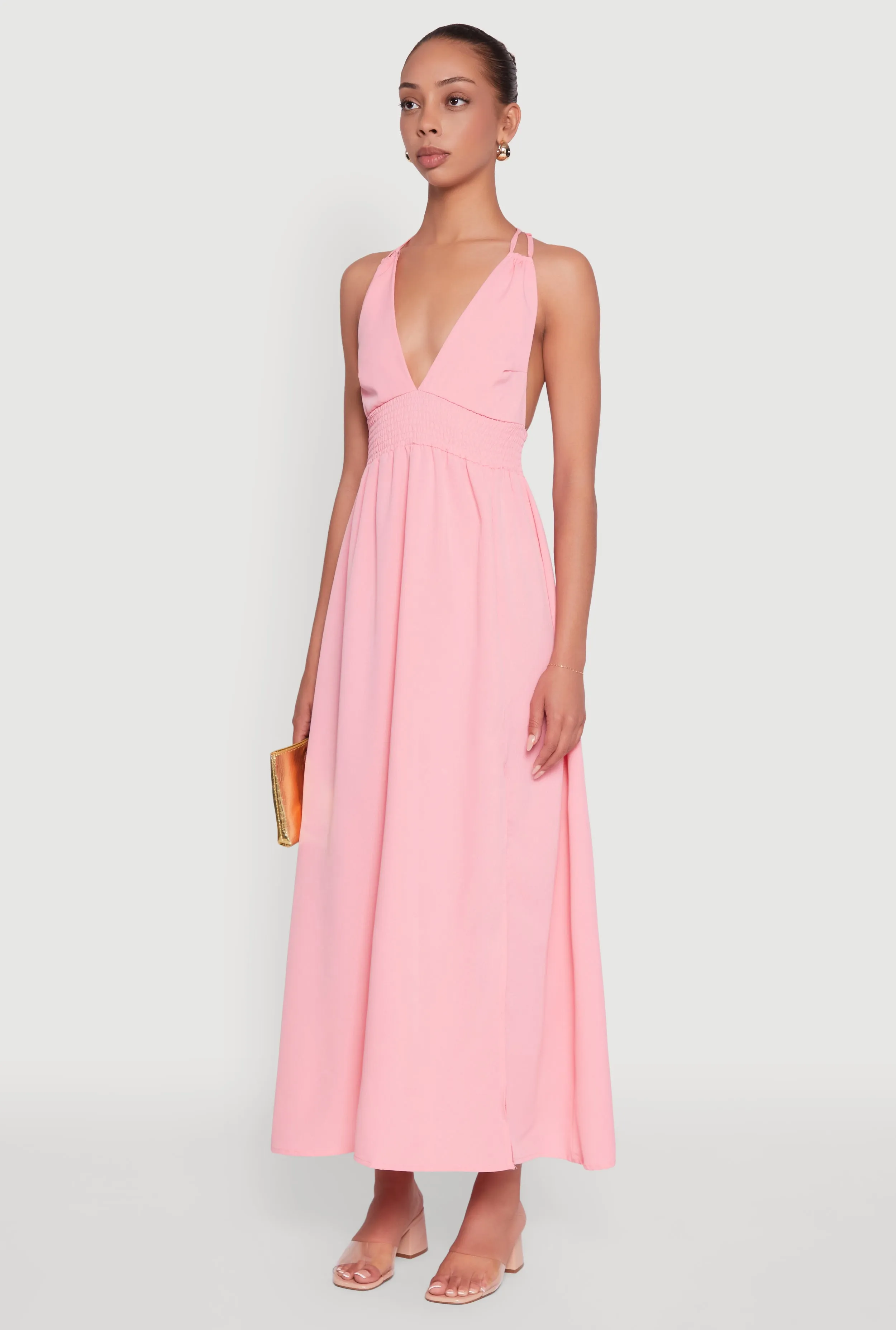 Paper Wall Trendy Plunge Halter Tie Maxi Dress with Criss Cross Back Straps