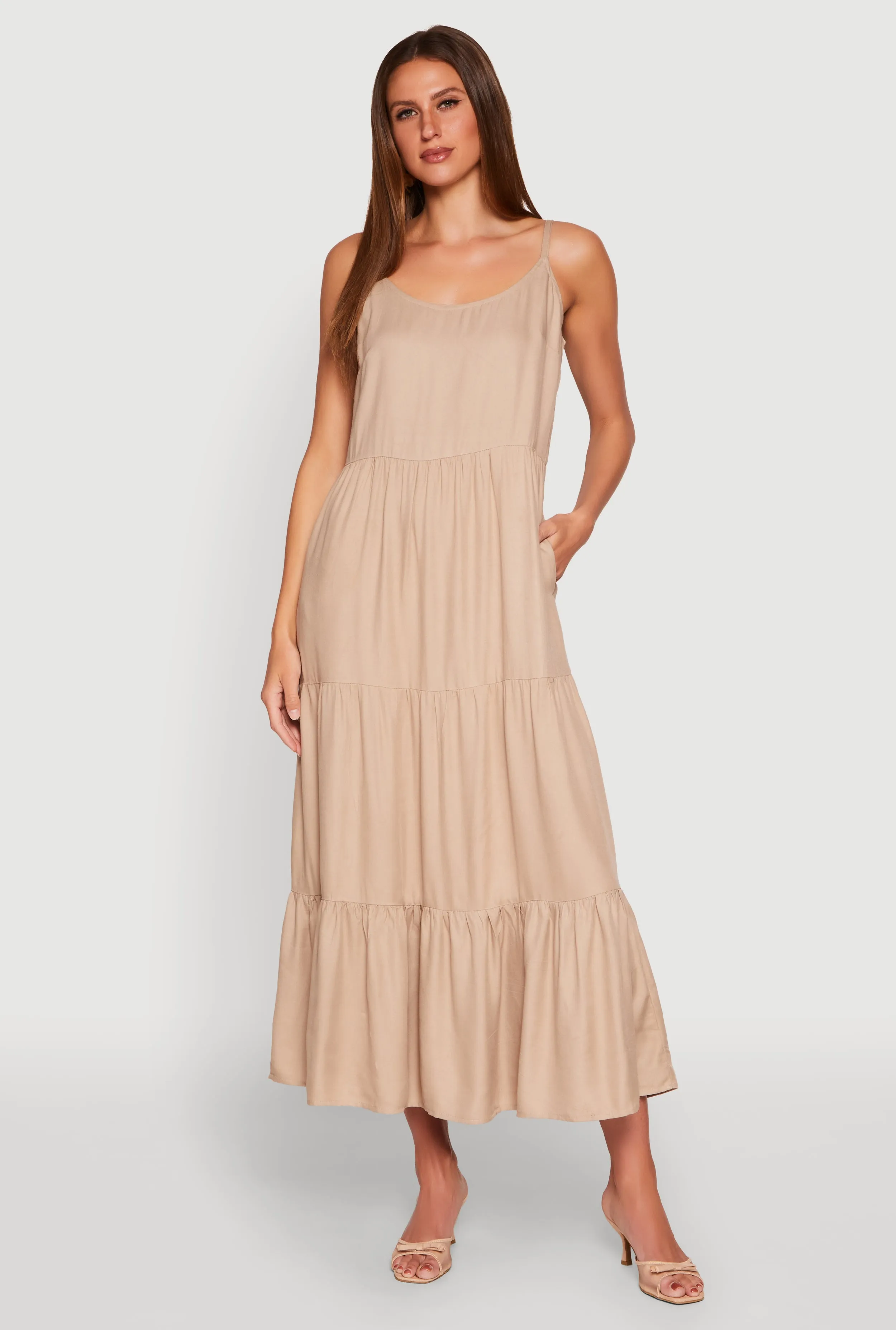Lawn Wedding Coral Shine Scoop Neck Tiered Maxi Dress