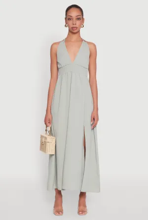Nickel Glow Trendy Plunge Halter Tie Maxi Dress with Criss Cross Back Straps