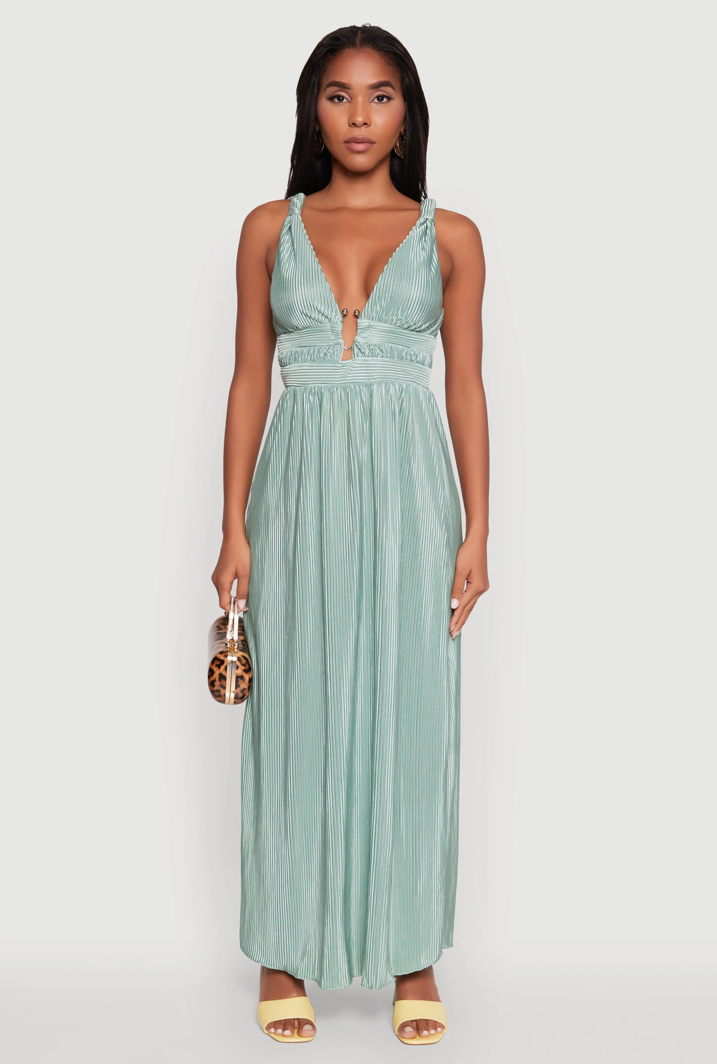 Elegant Sleeveless Plisse Empire Waist Dress Crystal Shine