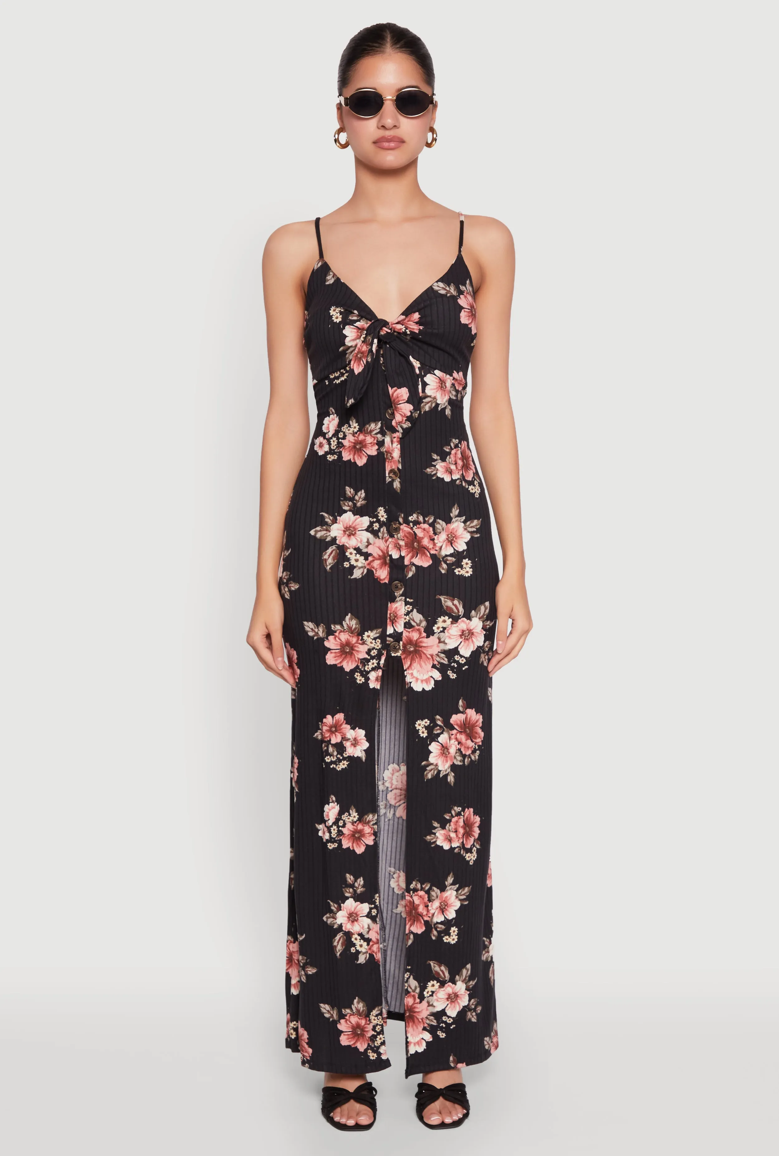 Floral Print Tie Front Cami Maxi Dress Weave Glow Happy Vibe