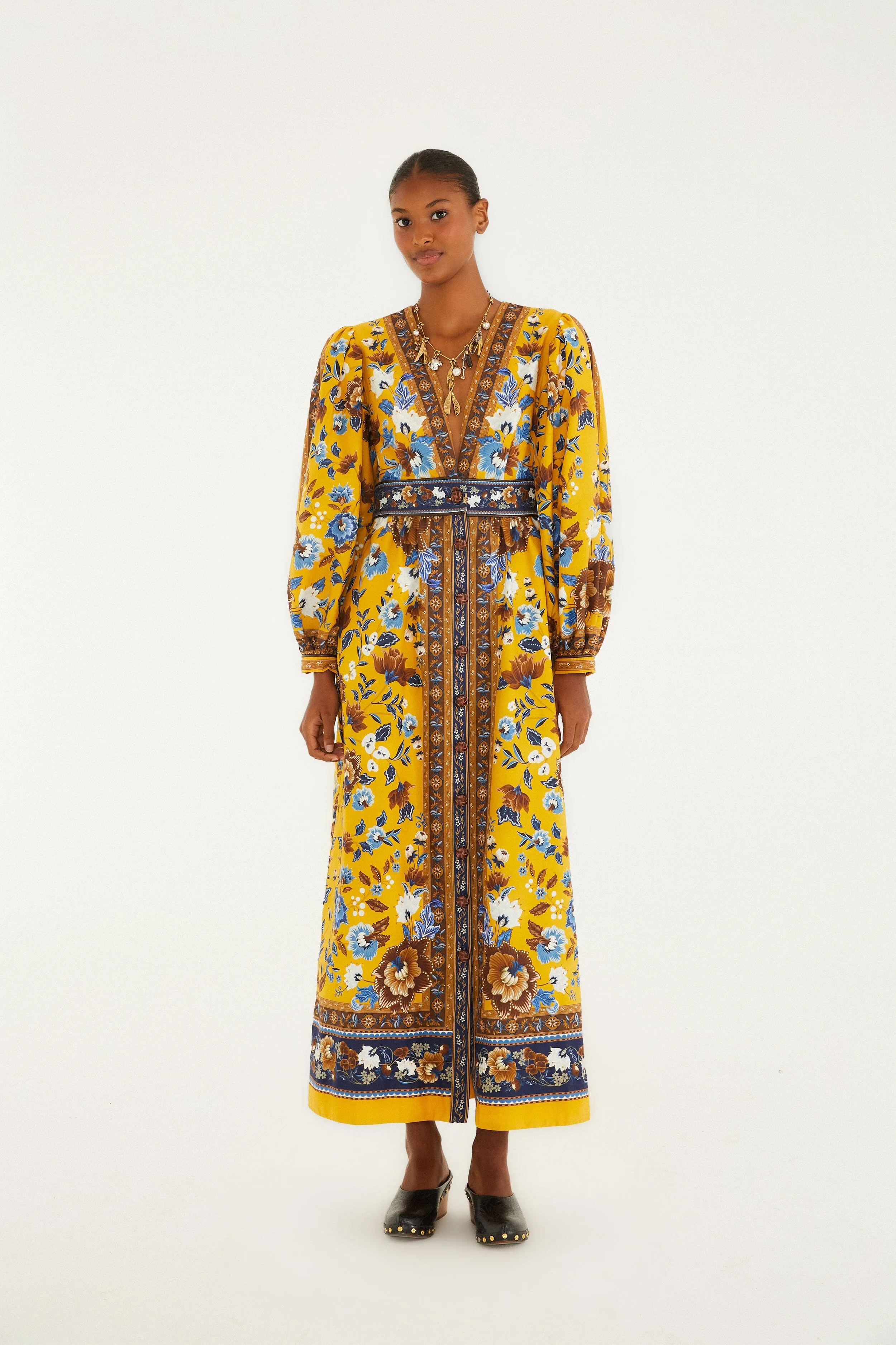 Yellow Flowering Garden Tree Organic Cotton Maxi Dress Fire Glow