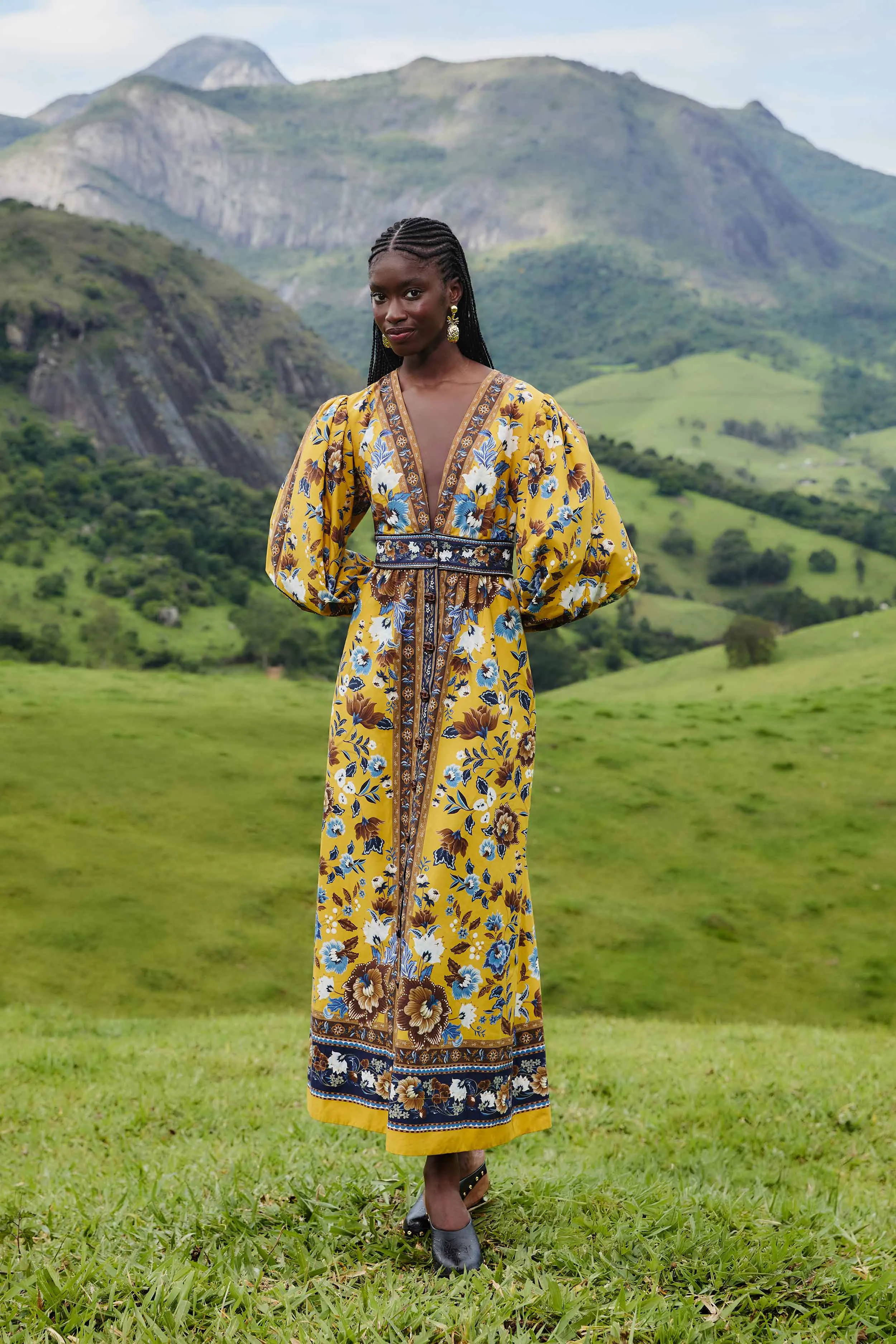 Tide Glow Yellow Flowering Garden Tree Organic Cotton Maxi Dress