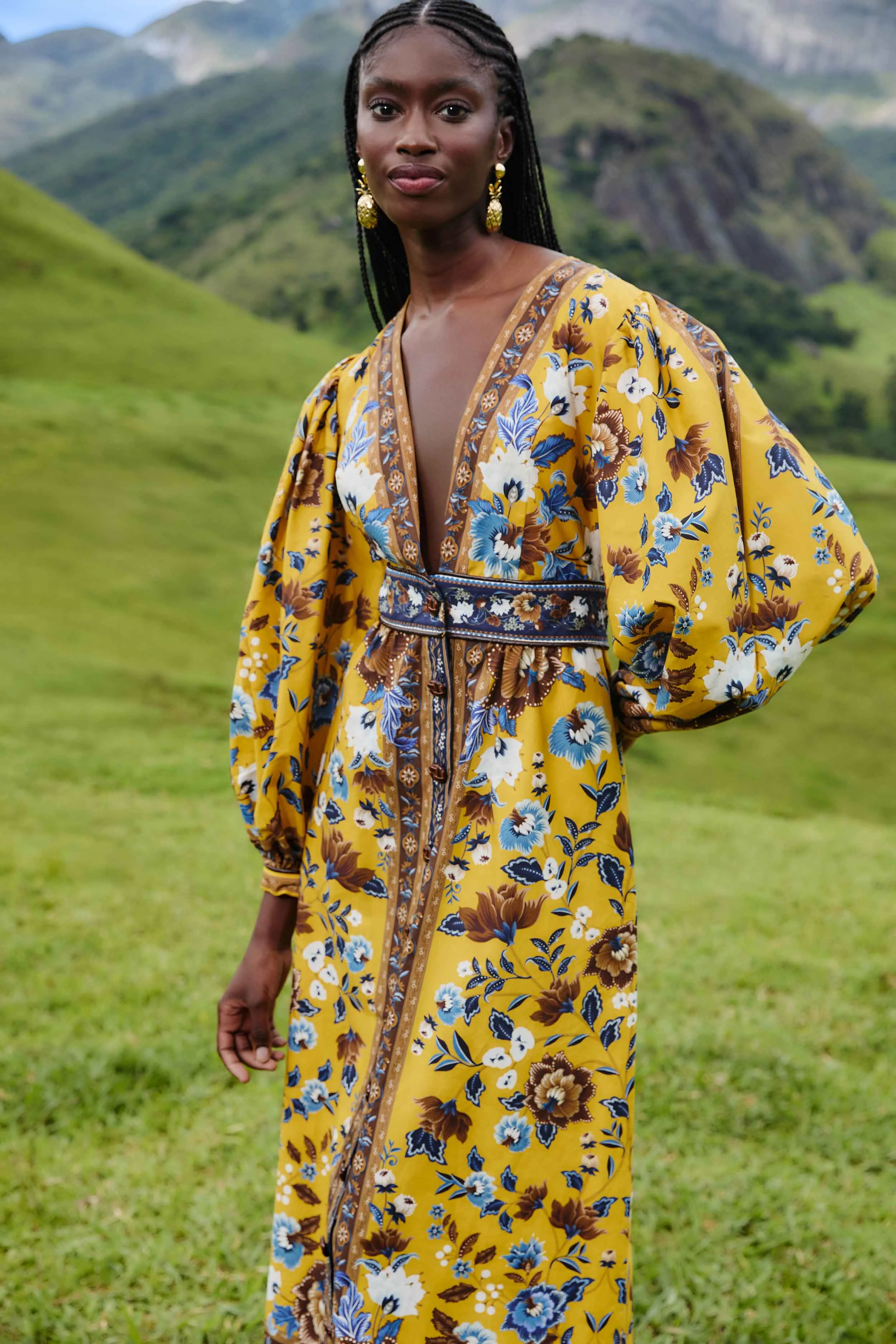 Fringe Glow Yellow Flowering Garden Tree Organic Cotton Maxi Dress