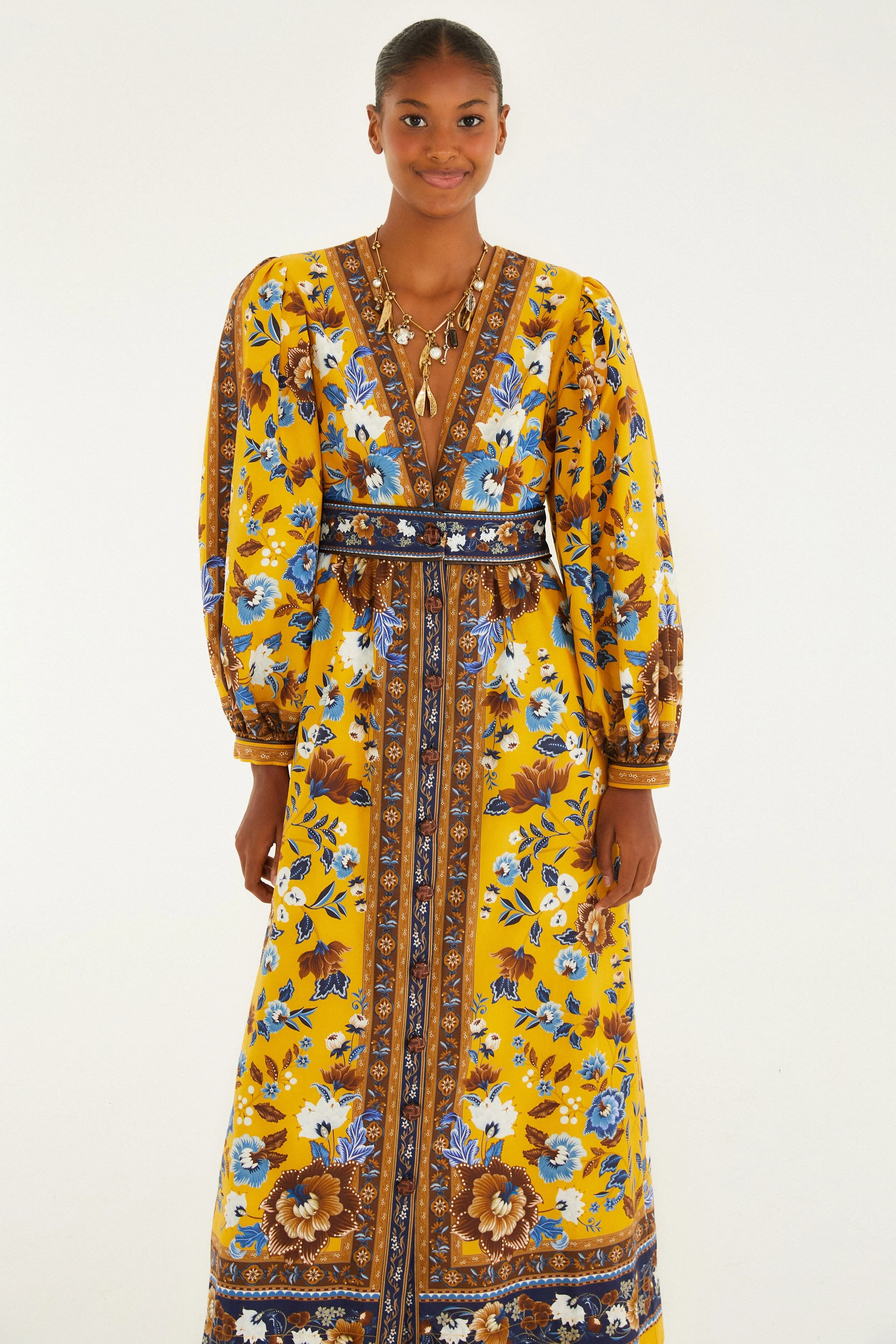 With its graceful design this dress creates a polished look for any occasion Yellow Flowering Garden Tree Organic Cotton Maxi Dress