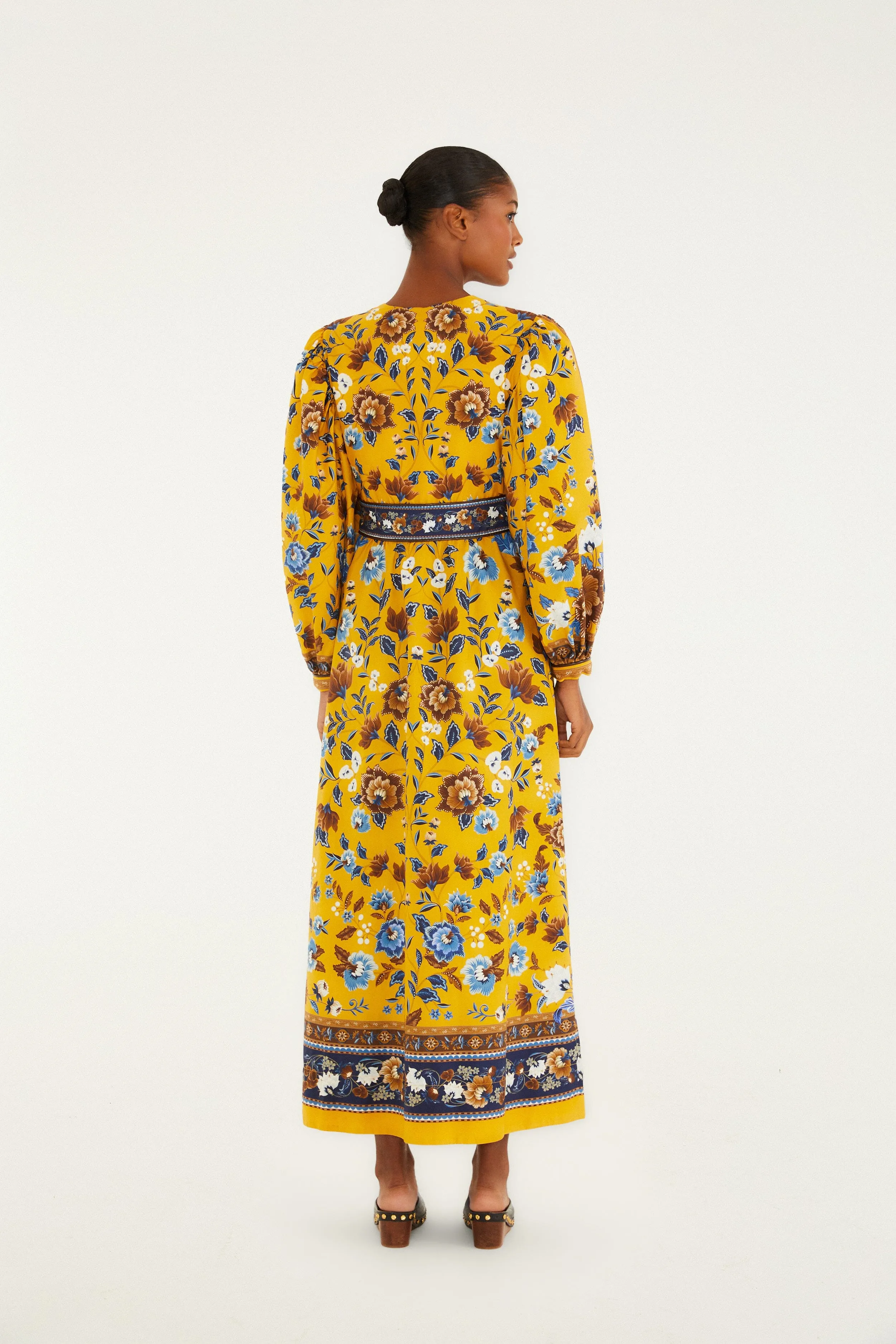 Front Button Street Glow Yellow Flowering Garden Tree Organic Cotton Maxi Dress