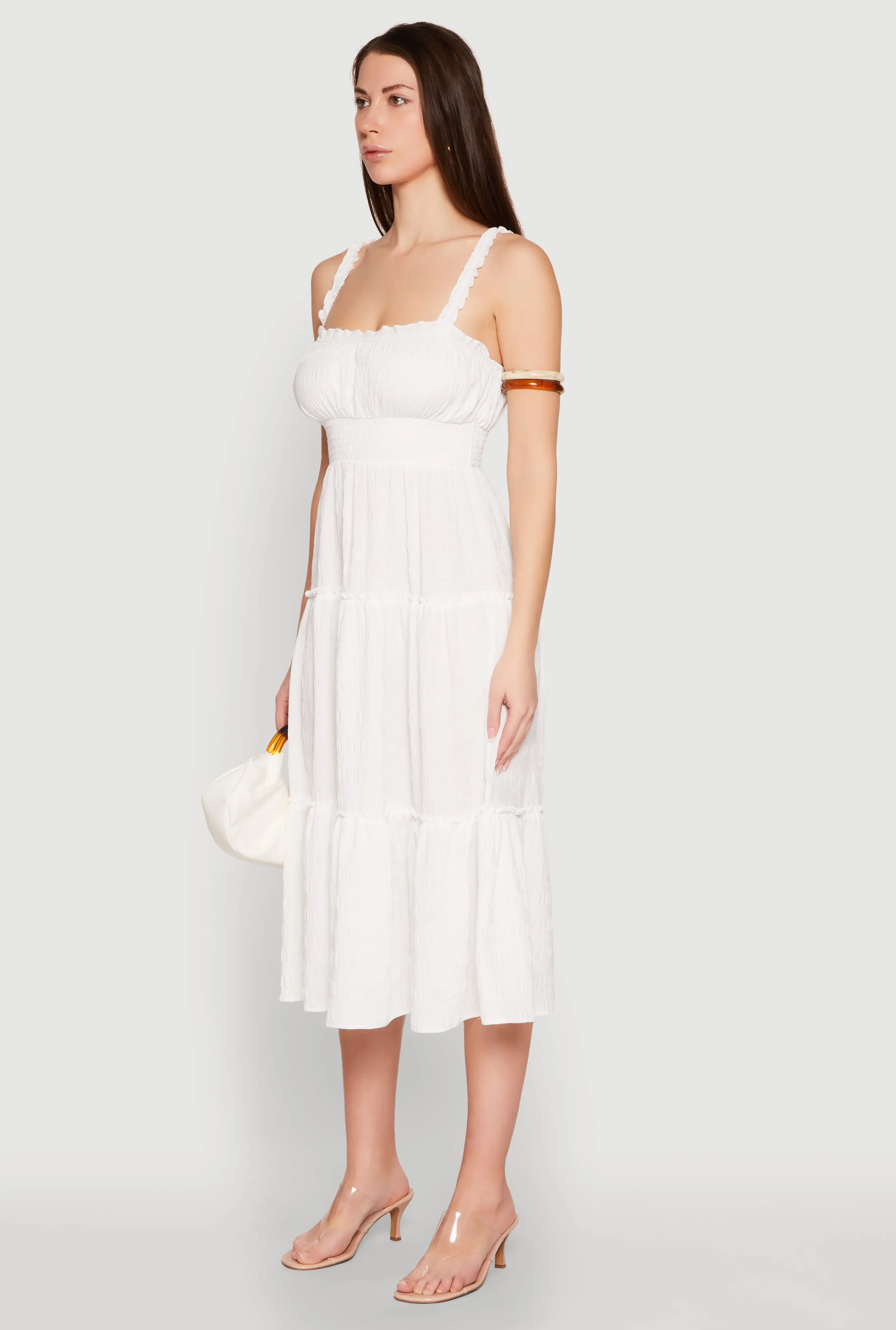 Almost Famous Smocked Empire Waist Tiered Dress This maxi dress offers the perfect combination of comfort and style for everyday wear Cream Tone
