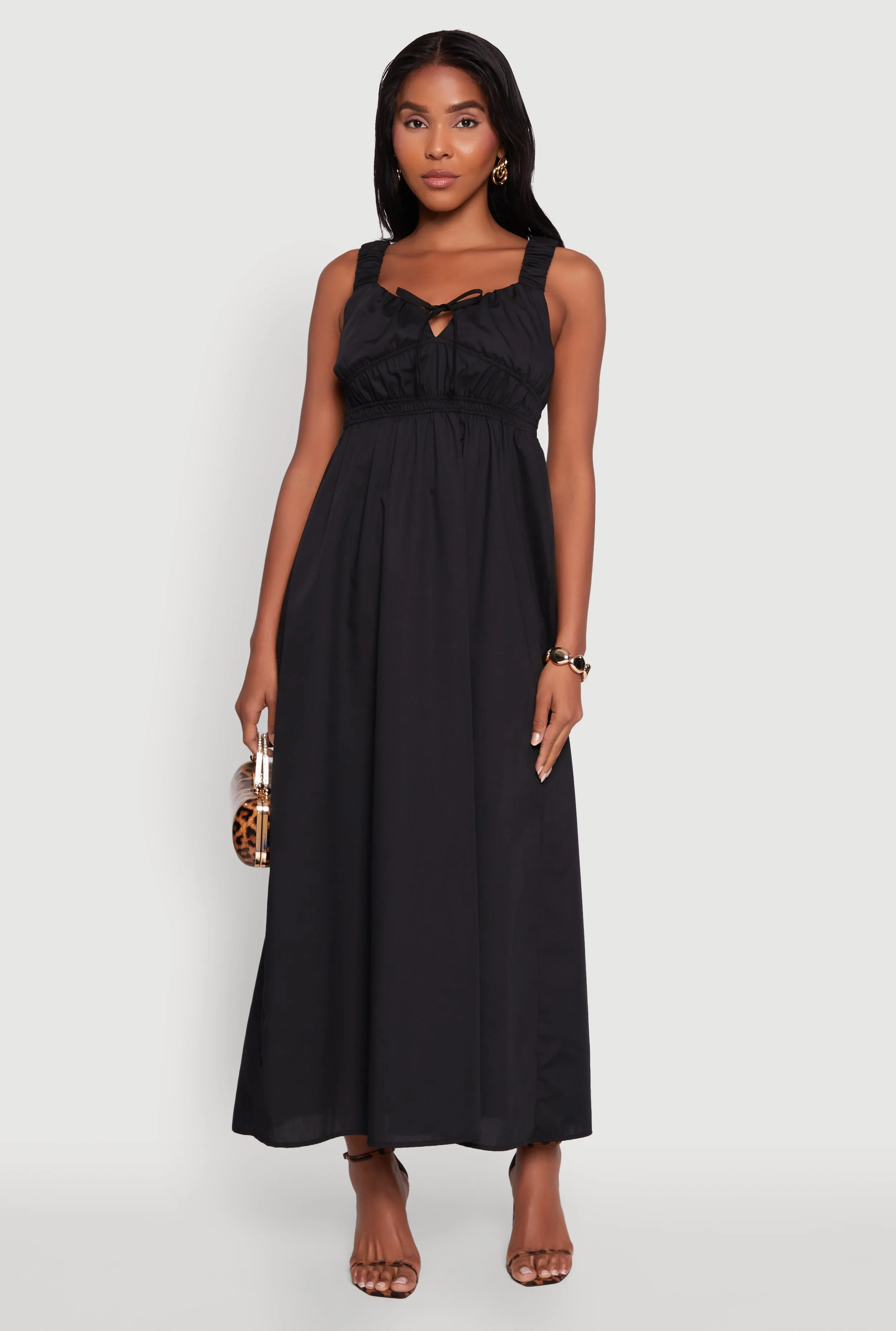 Poplin Sleeveless Scoop Neck Tie Front Maxi Dress Relaxed fit summer gown