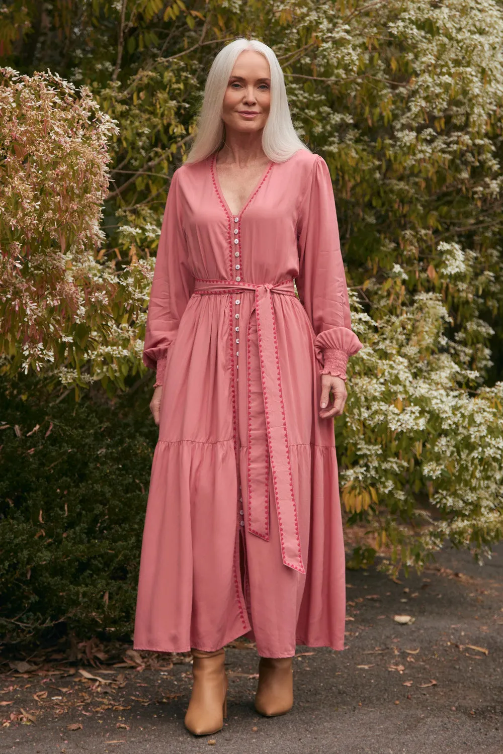 Harbor Light Leaf Glow Savelle Embroidered Dress in Earth