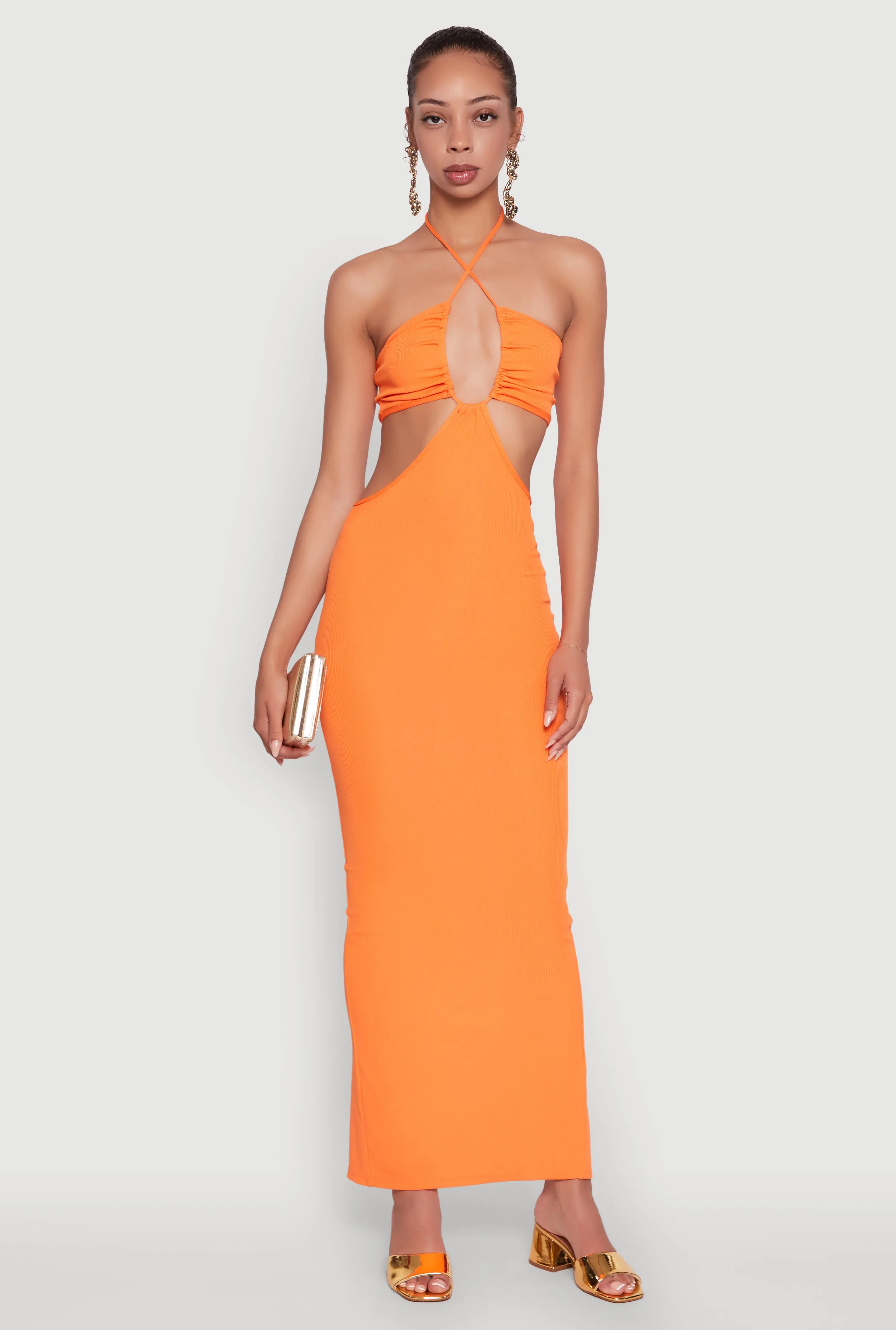 The simple yet refined design of this dress makes it easy to pair with different accessories Stylish Ribbed Knit Keyhole Halter Sundress