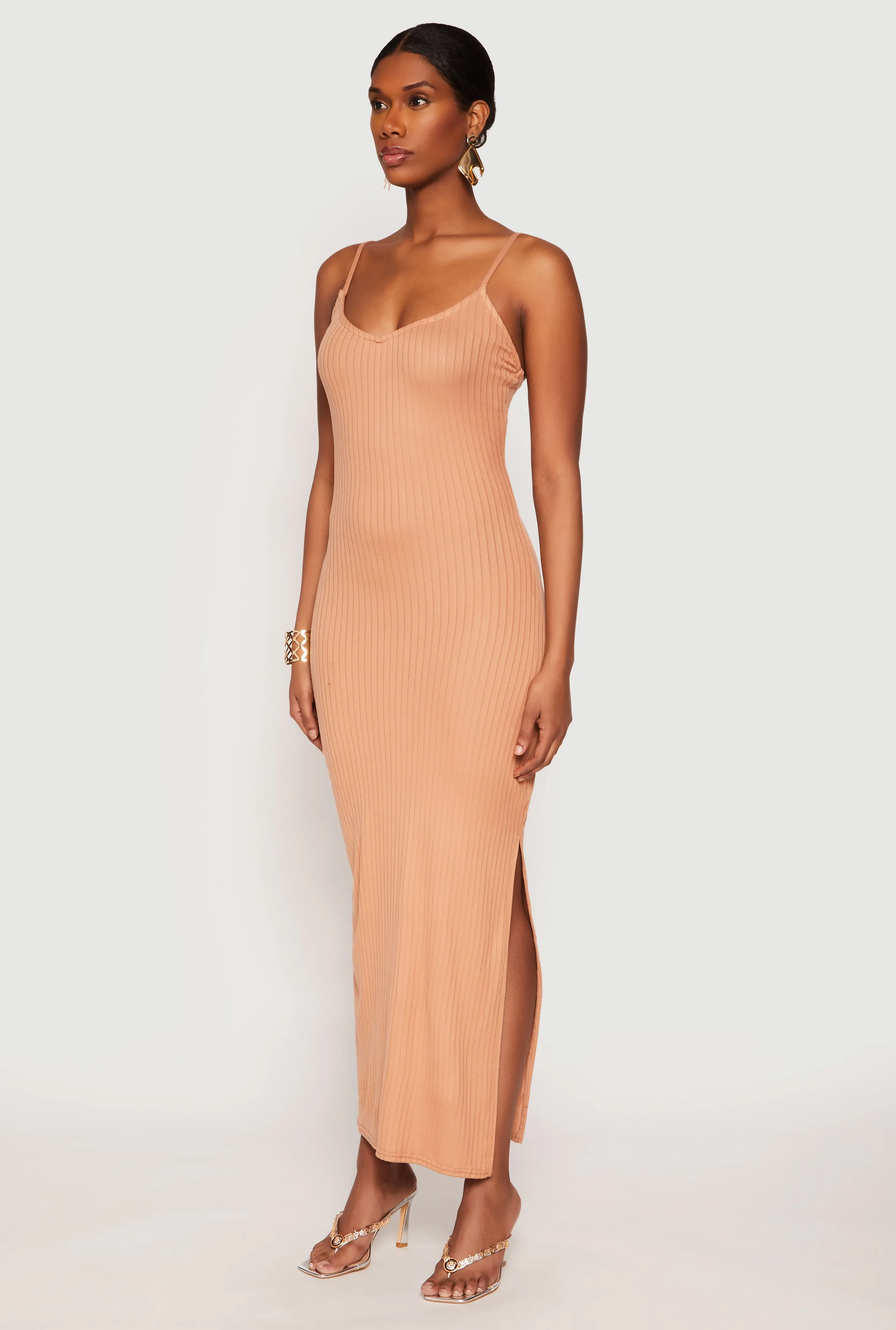 Ribbed Knit Side Slit Maxi Dress Tropical Path Stream Path