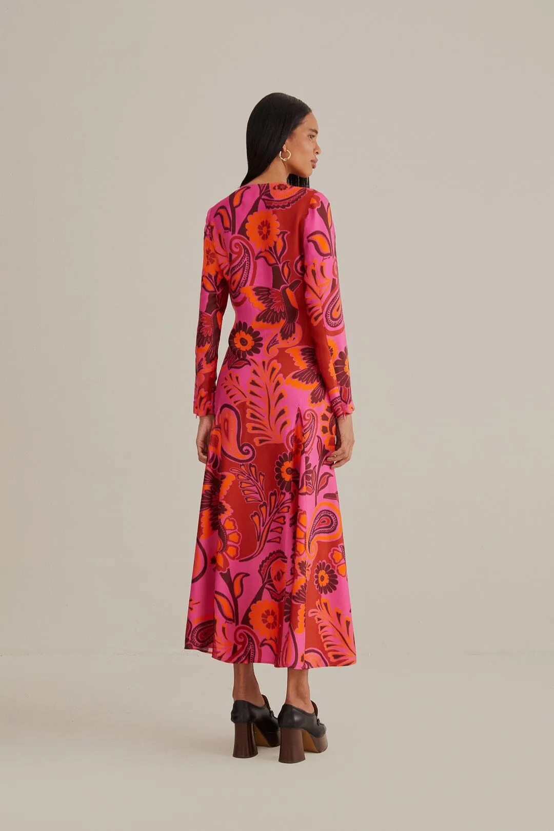 Pink Bold Floral Long Sleeve Maxi Dress Loose Fit Town Lane