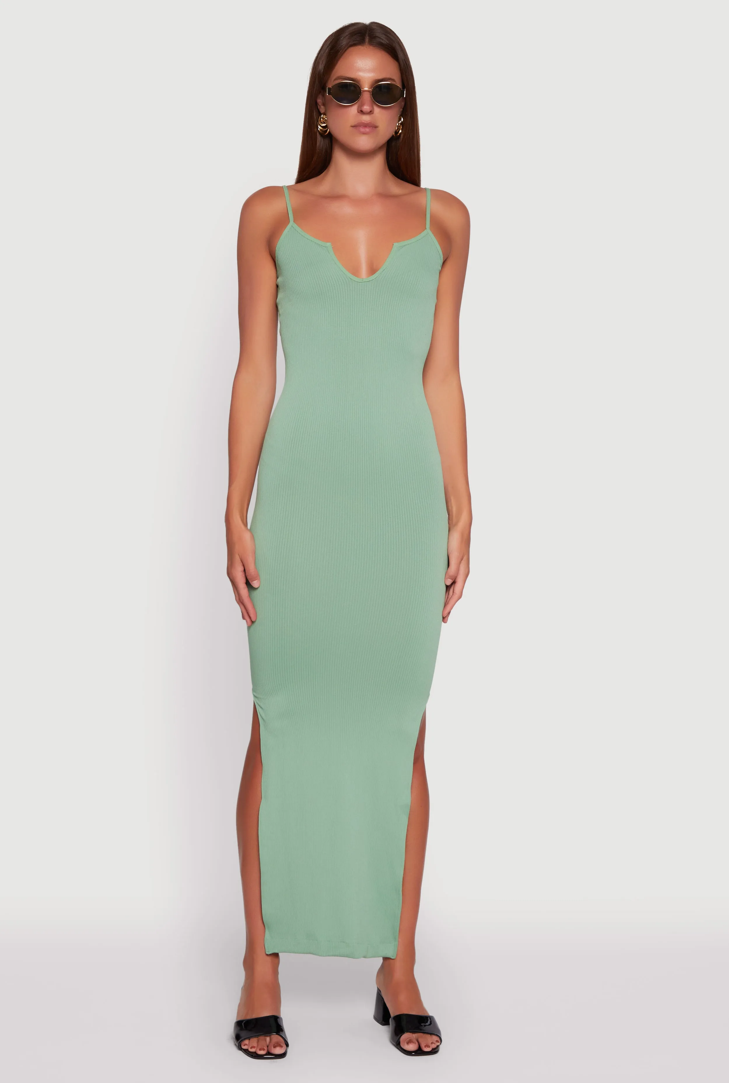 Minimalist long piece Door Arch Ribbed Knit Sleeveless Notch Neck Maxi Dress