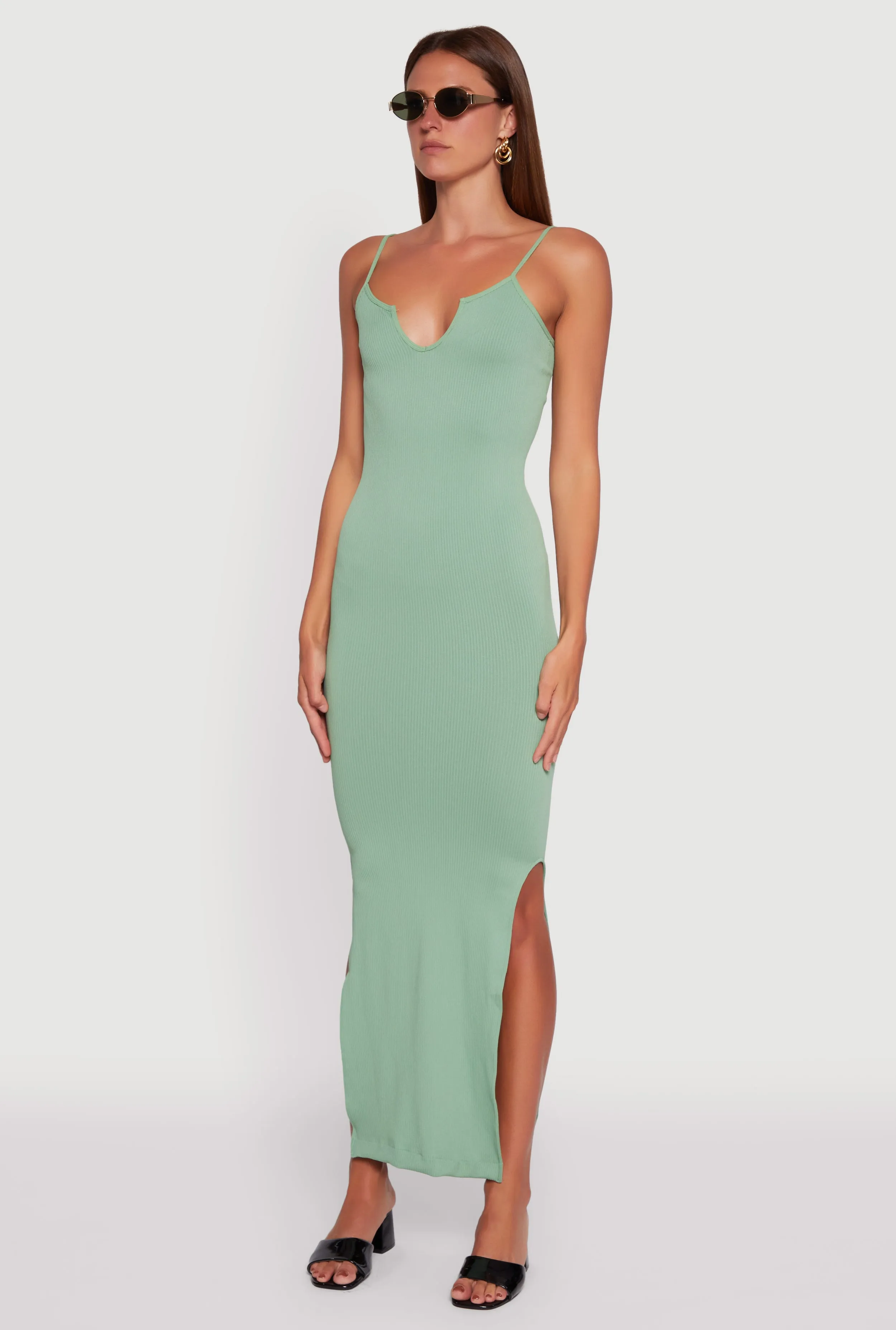 Ribbed Knit Sleeveless Notch Neck Maxi Dress Moon Rise