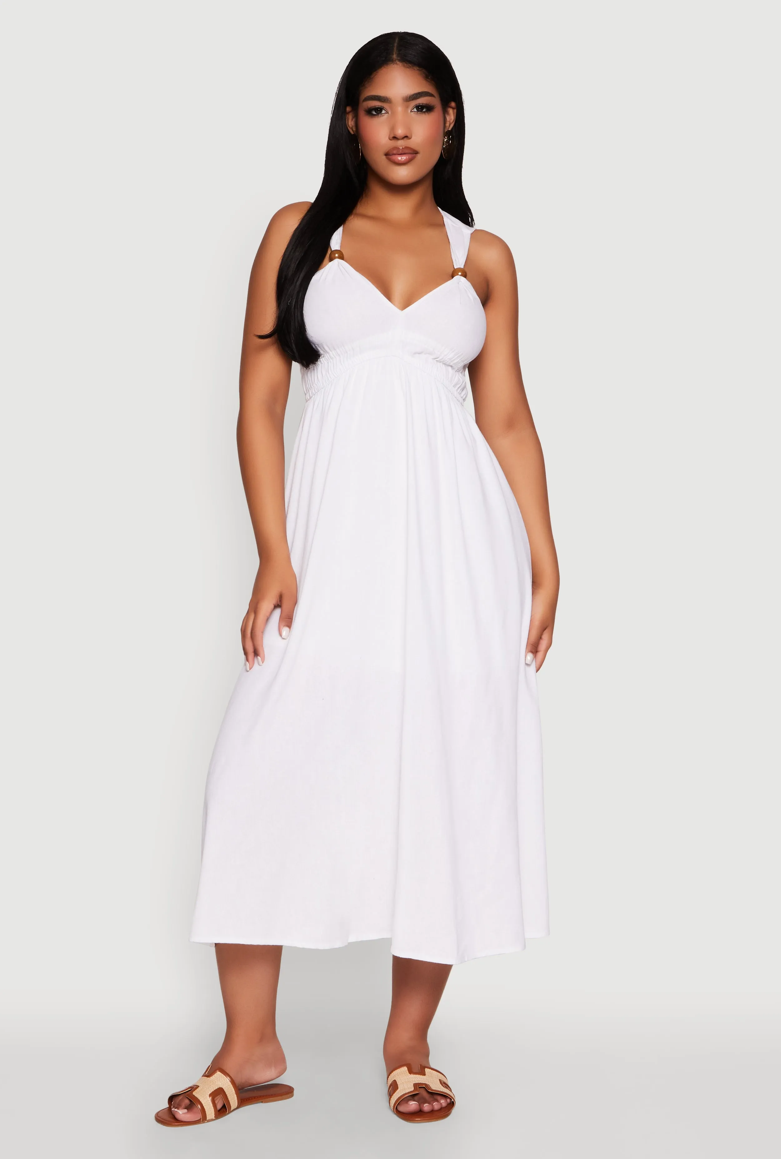 Haute Monde Linen Wood Beaded Strap Sundress Elegant floor-length dress