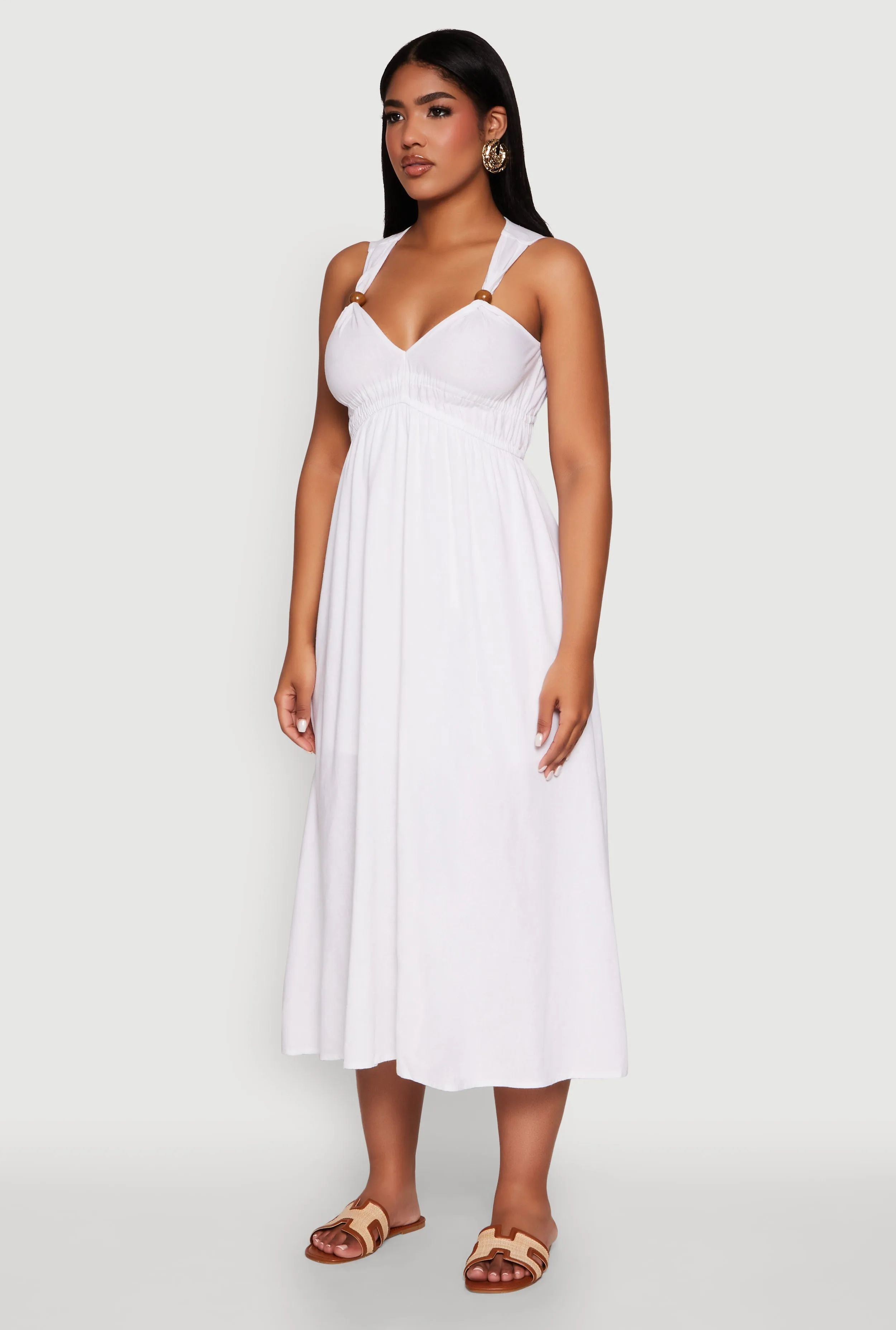 Light Weight Haute Monde Linen Wood Beaded Strap Sundress