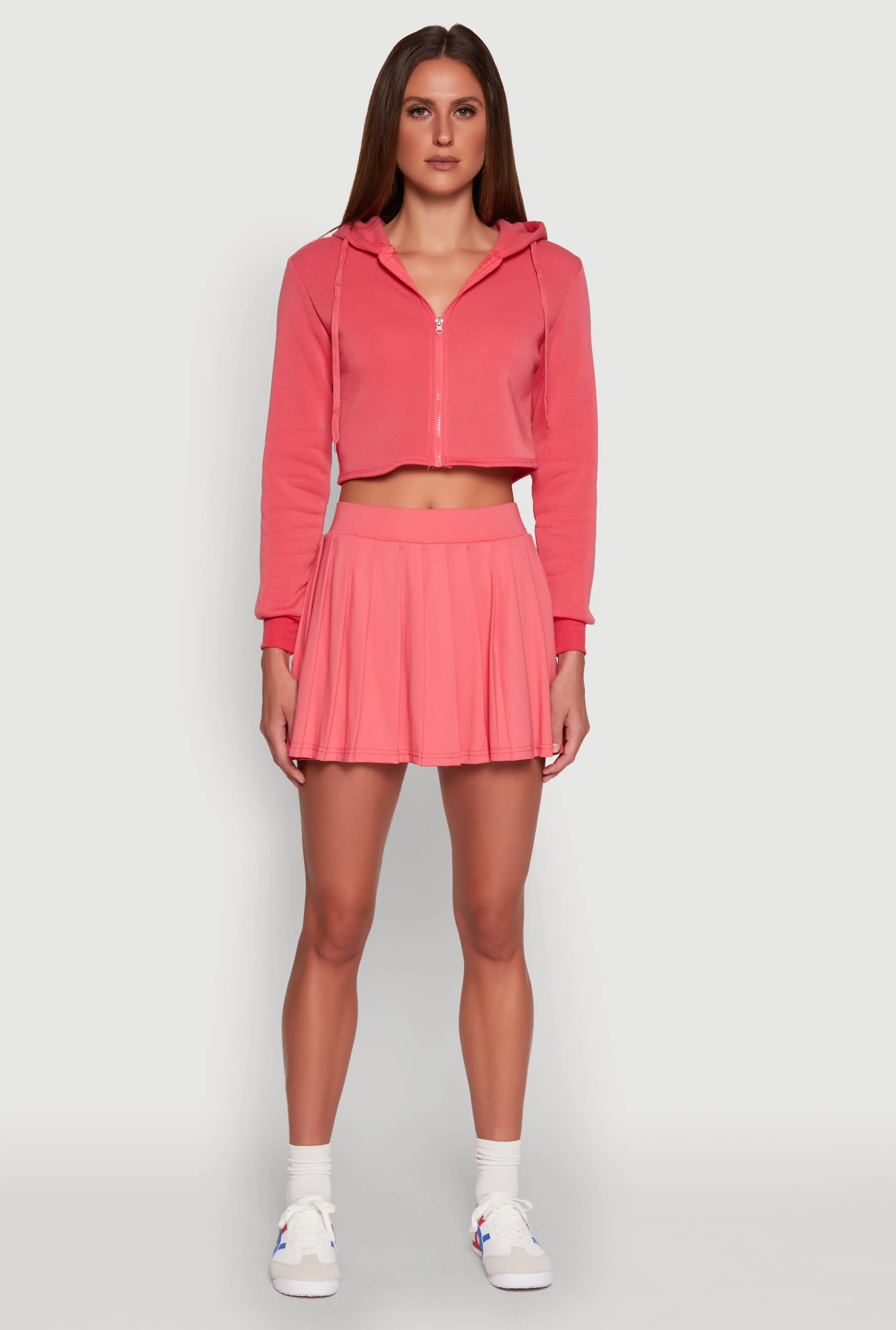 Solid High Waisted Pleated Skort Coordinated Set Easy Fit