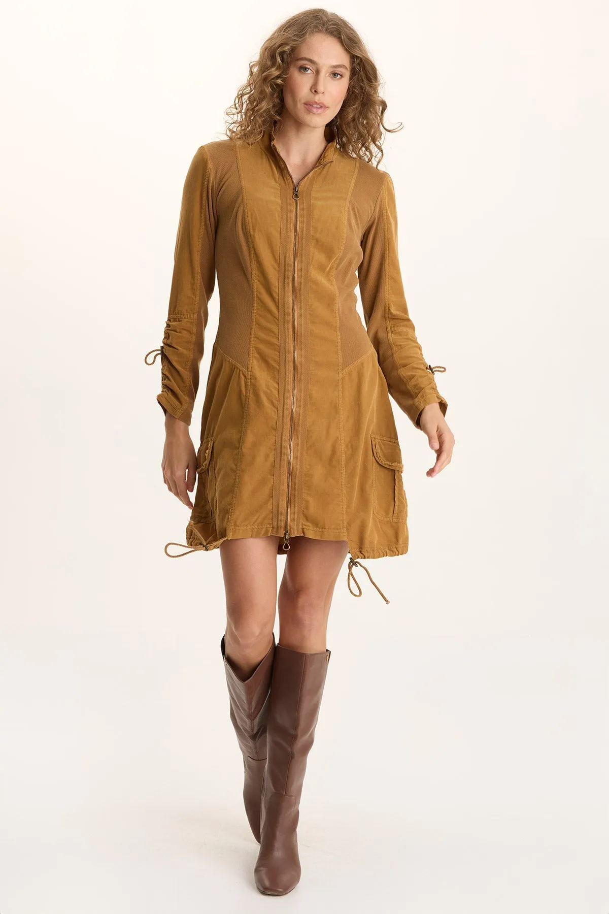 TaglessCollar GridTexture Anu Corduroy/Jersey Cinched Jacket-Dress