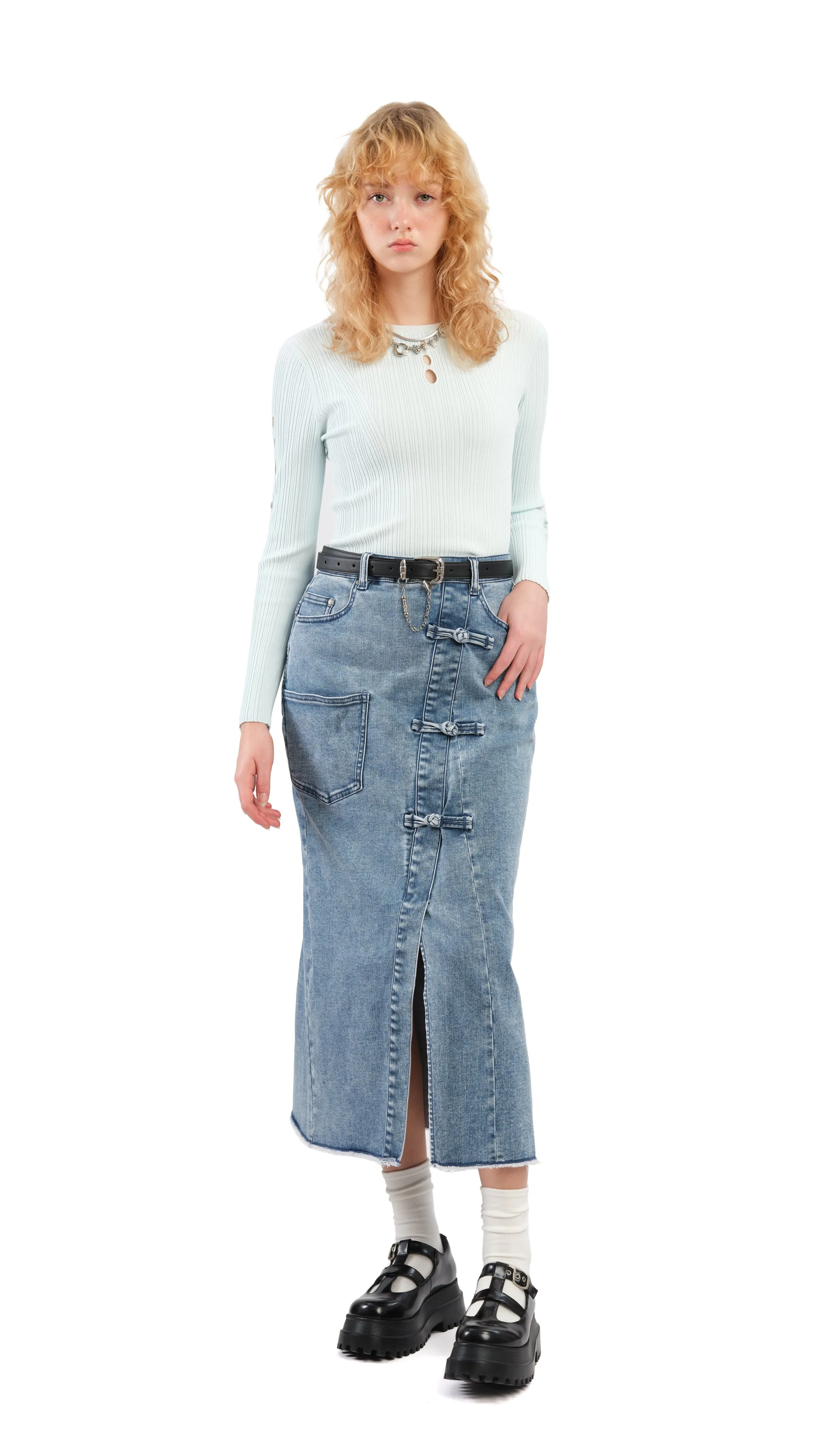 Outfit Shot Rebuilt Denim Pencil Skirt