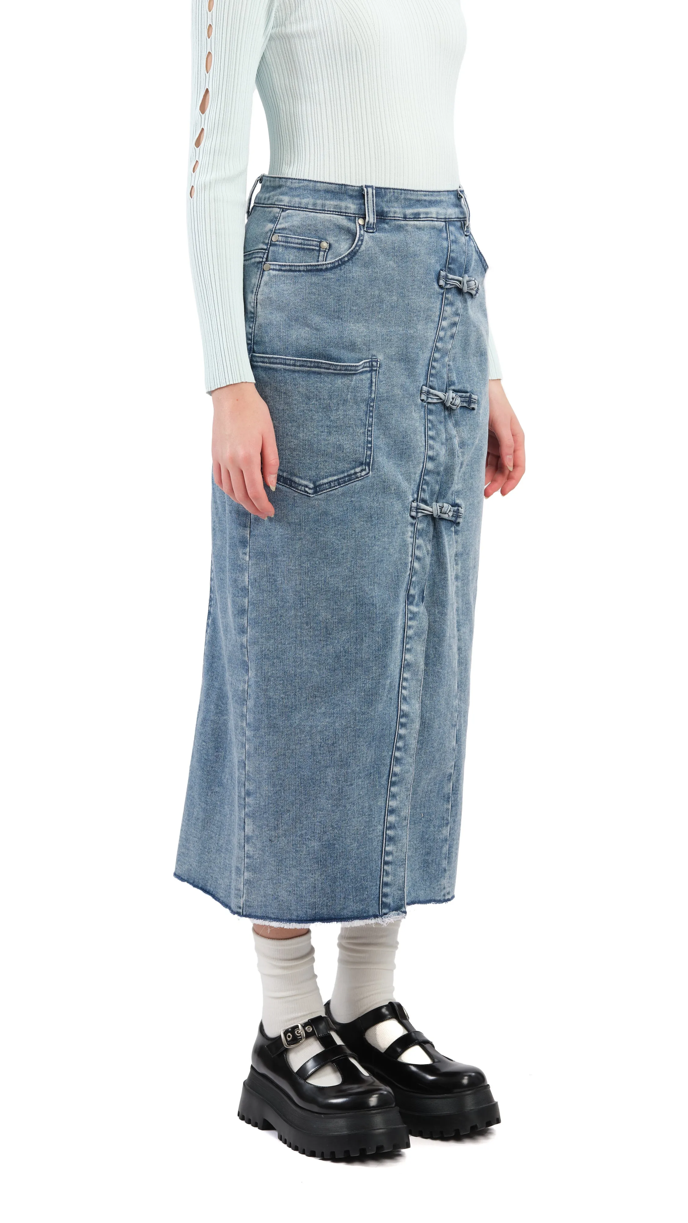 Rebuilt Denim Pencil Skirt Crisp Details