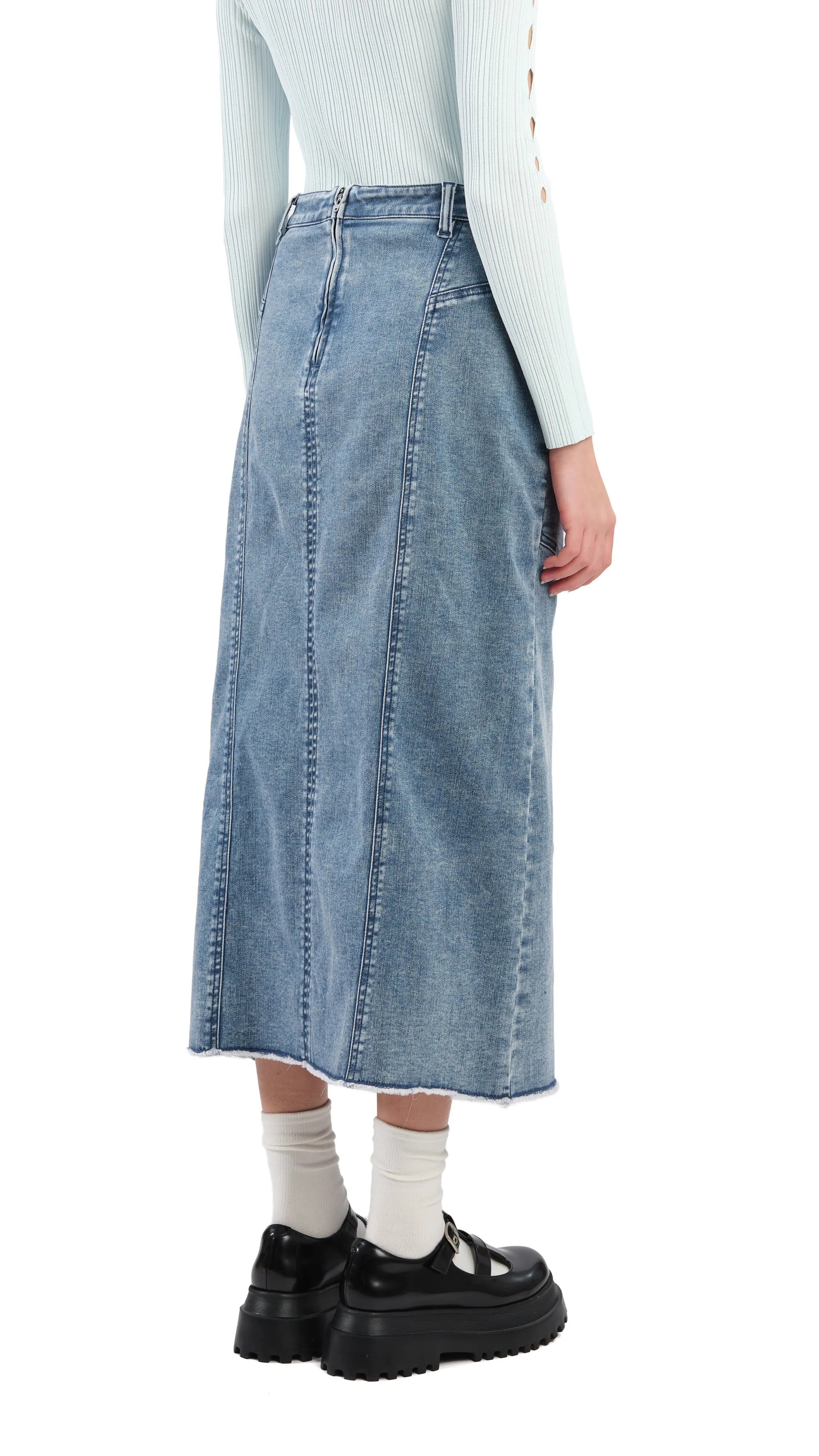 Rebuilt Denim Pencil Skirt Silicone Grip Trim Subtle Look
