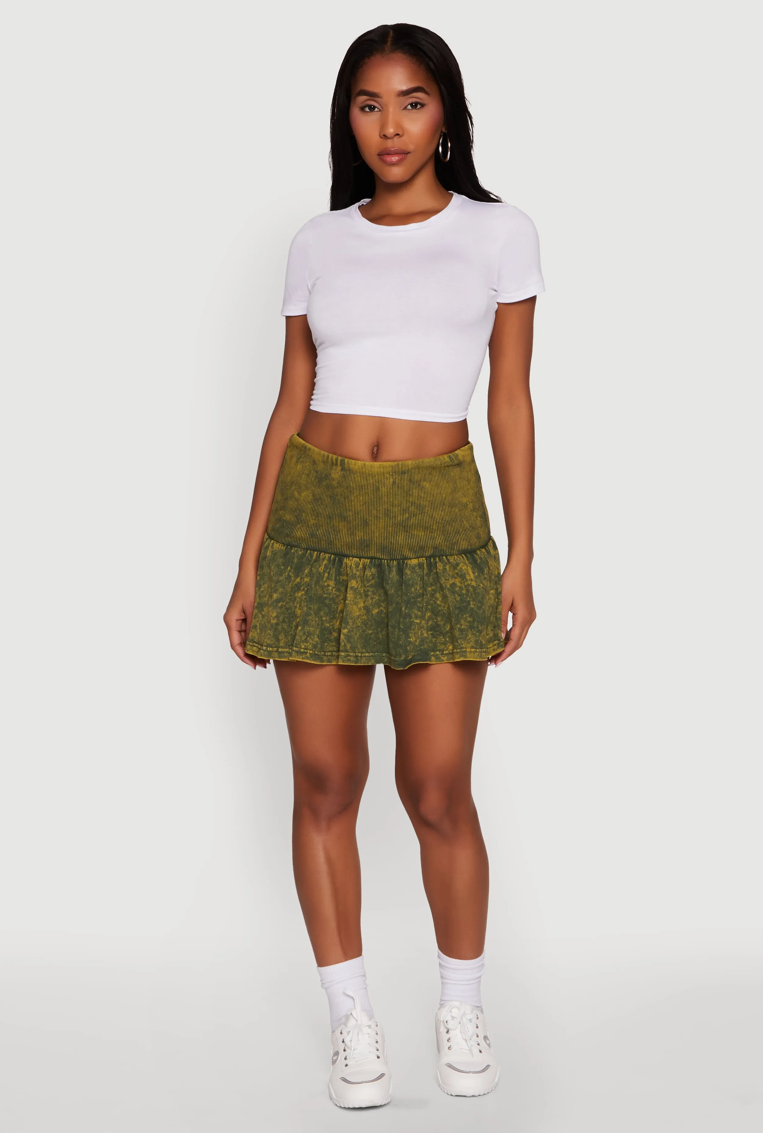 beaded embellishment Contrast Panel Trendy Acid Wash Ribbed Knit High Waisted Mini Pleated Skirt
