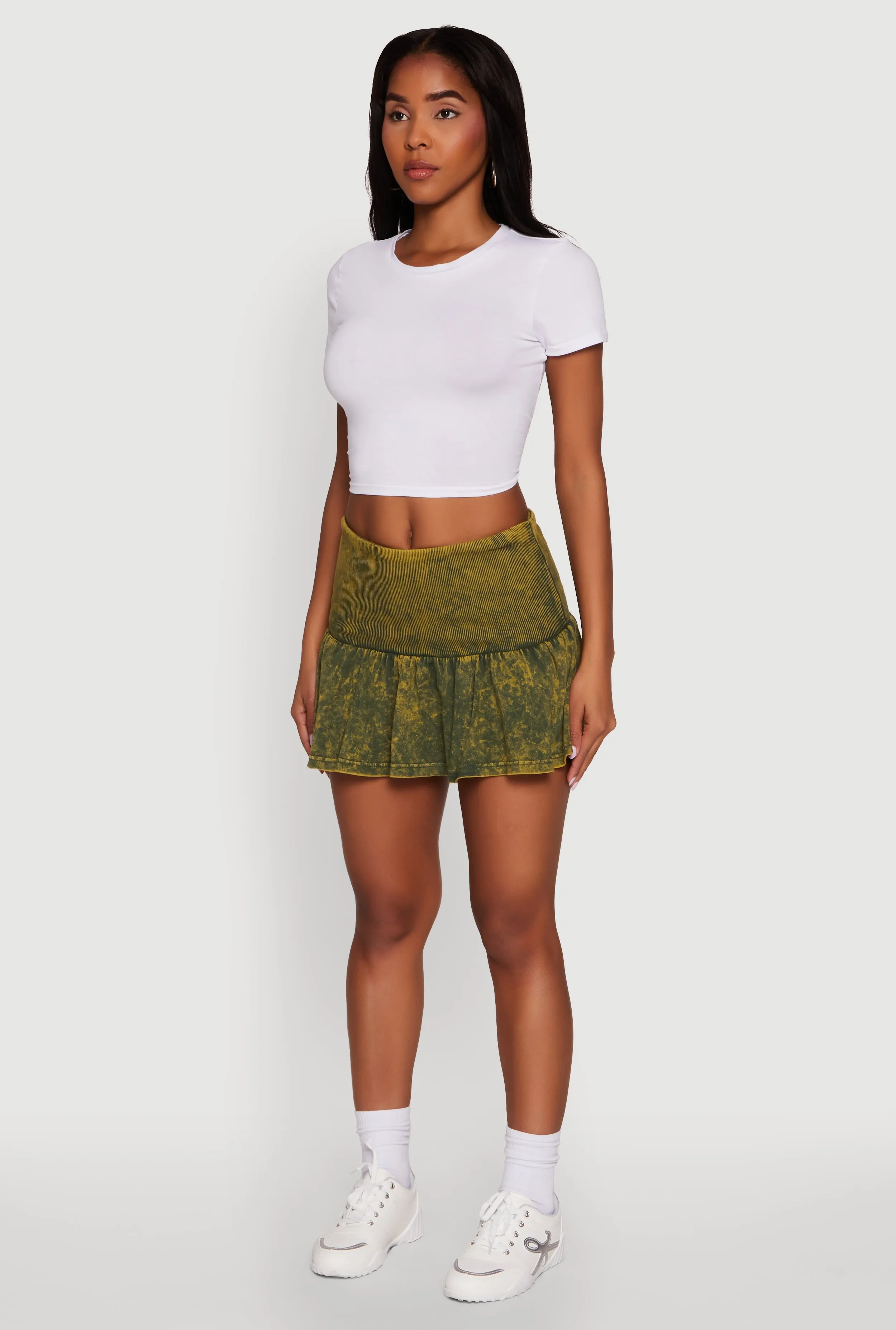 Trendy Acid Wash Ribbed Knit High Waisted Mini Pleated Skirt Style Preview Smooth Feel