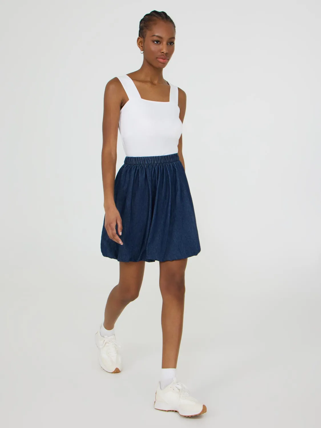 Denim Bubble Hem Skirt Foil Print Relax Outfit