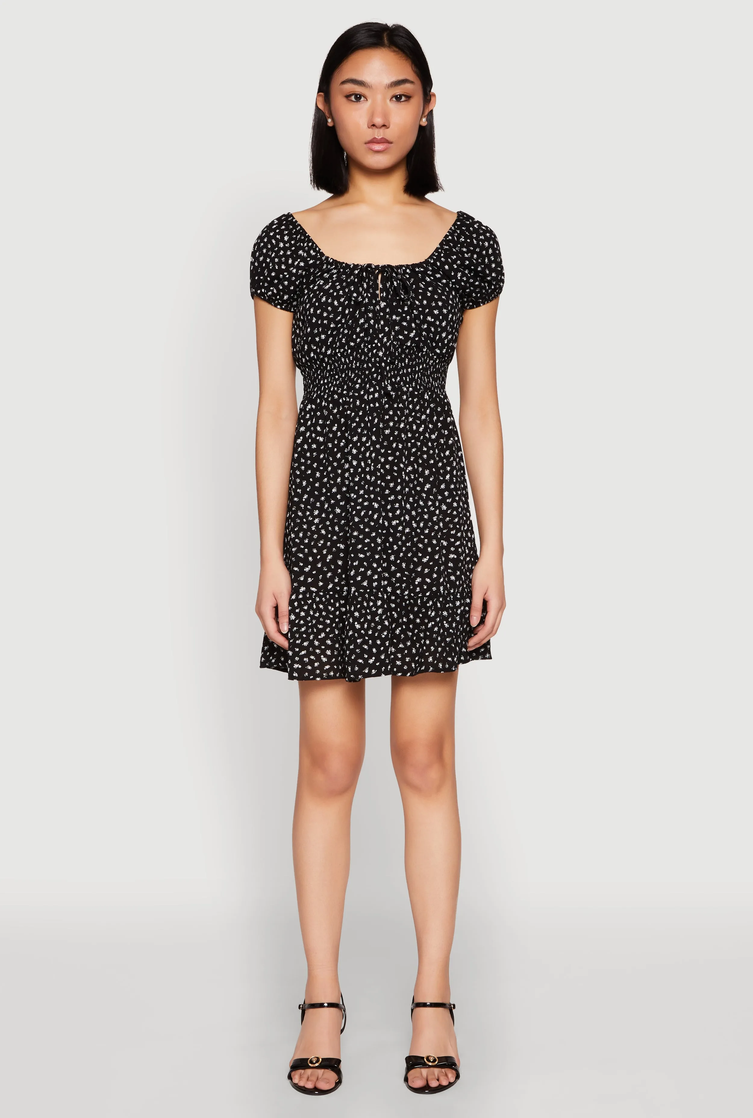 Floral Peasant Mini Dress Adjustable Hem