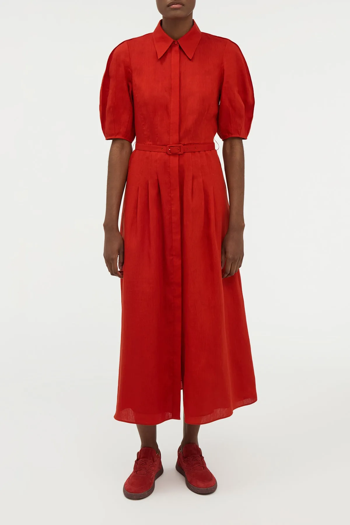 Train Ease WrinkleResistant Fabric Maude Pleated Midi Shirtdress in Antelope Orange Aloe Linen
