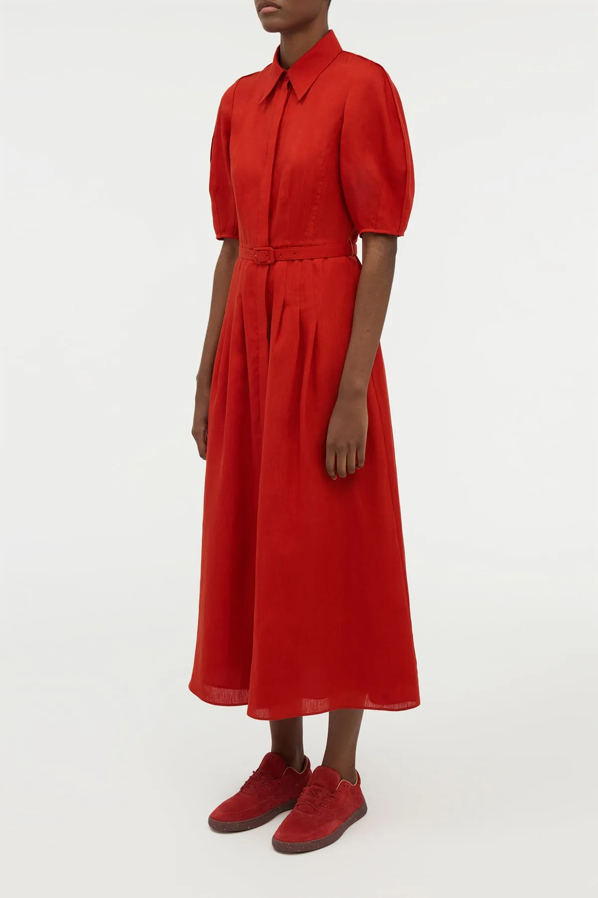 Maude Pleated Midi Shirtdress in Antelope Orange Aloe Linen Saga Vibe