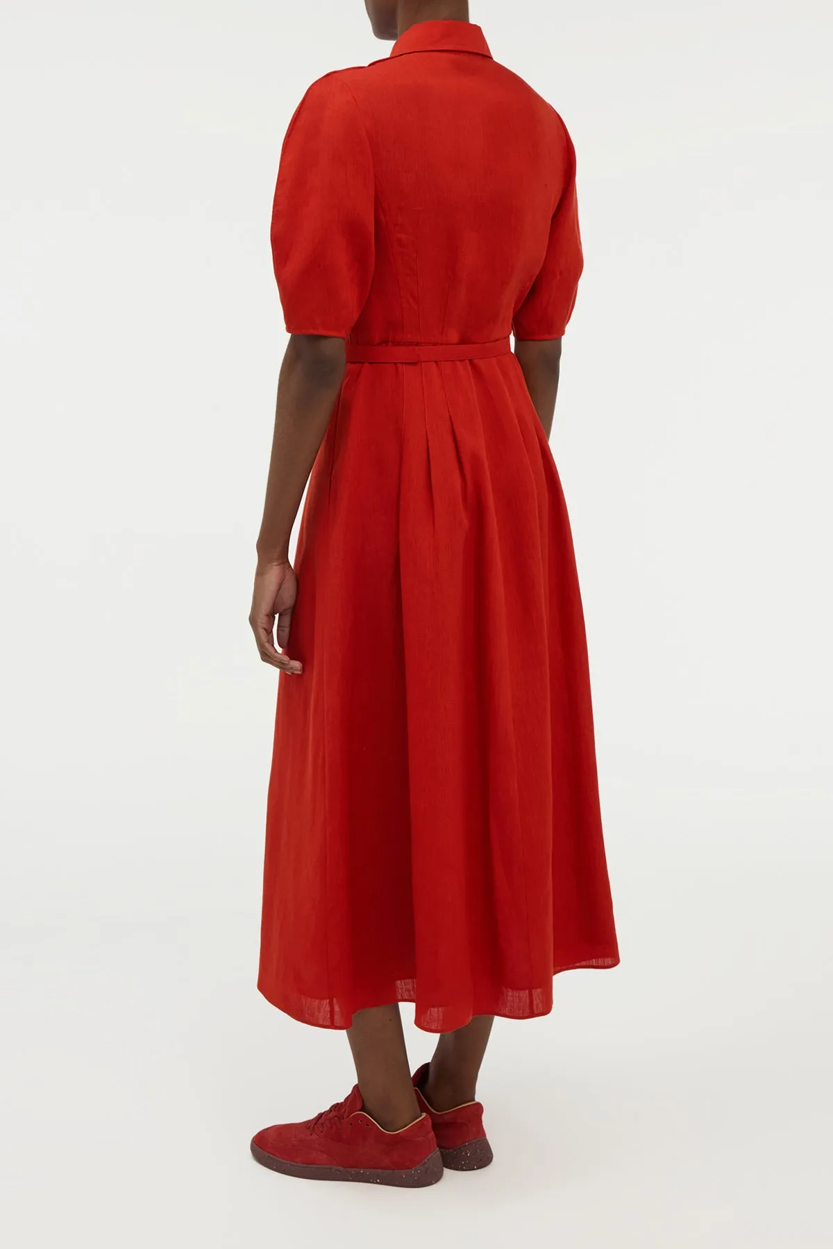Maude Pleated Midi Shirtdress in Antelope Orange Aloe Linen PreShrunk Cotton Leader Fit