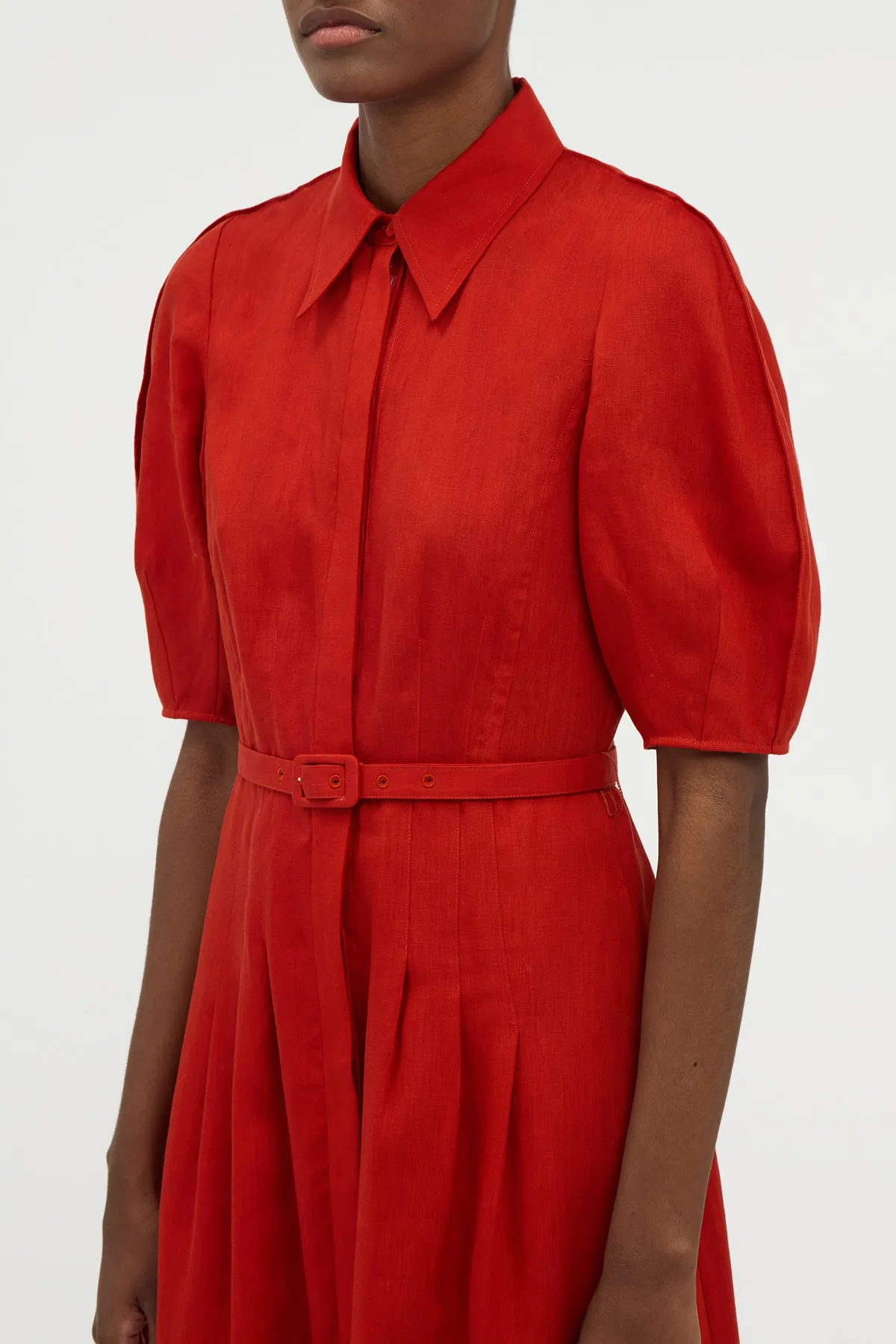 Self Love ReflectiveDetails Maude Pleated Midi Shirtdress in Antelope Orange Aloe Linen