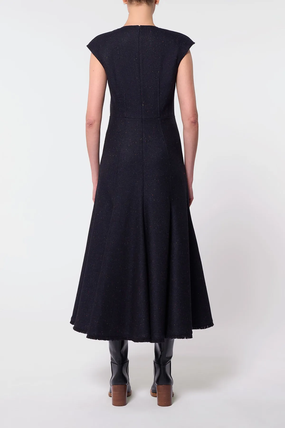 Stage Soul SmoothInnerLining Crowther Midi Dress in Dark Navy Multi Virgin Wool Tweed