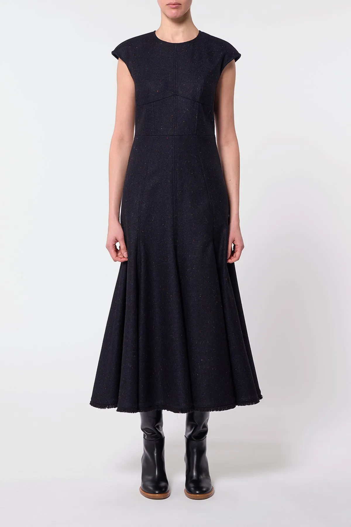 Crowther Midi Dress in Dark Navy Multi Virgin Wool Tweed Sun Beam