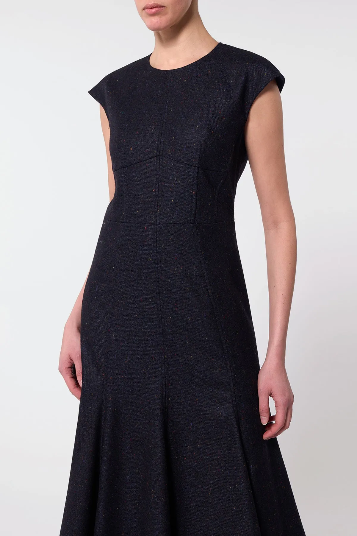 Crowther Midi Dress in Dark Navy Multi Virgin Wool Tweed Data Mode