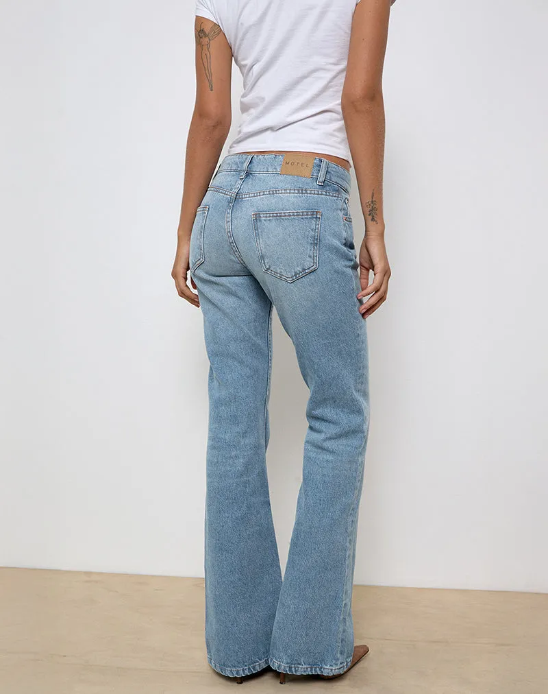 Day Off SustainableTextiles Rigid Low Rise Flare Jeans in Bright Blue Used