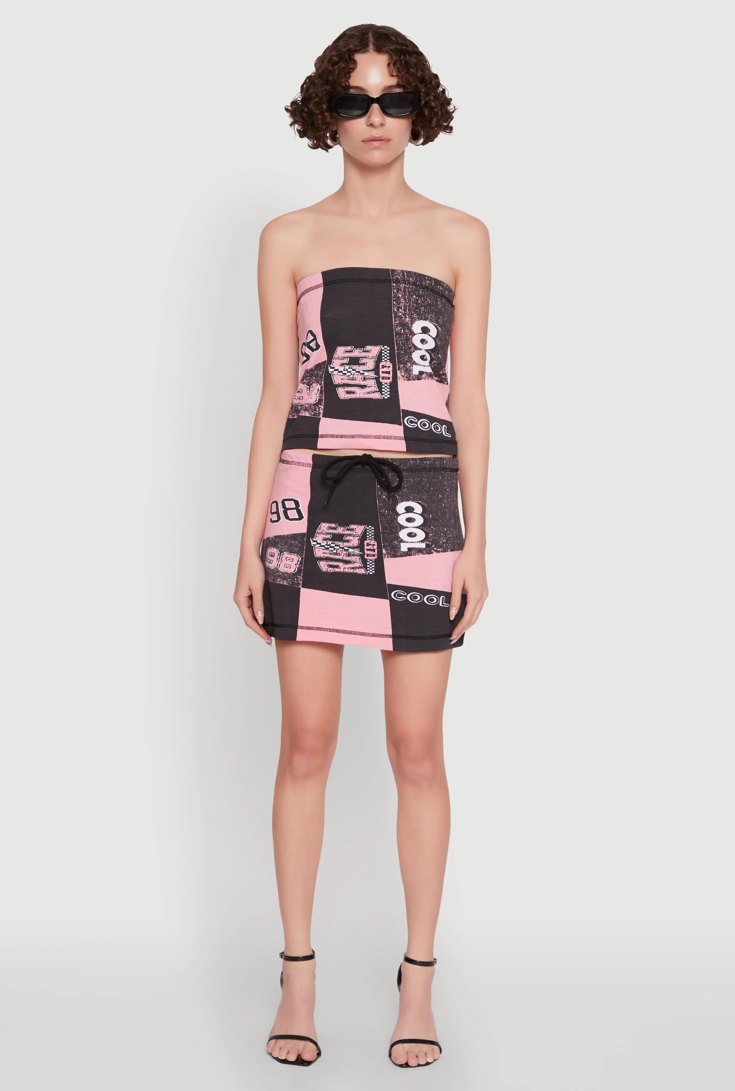 Race Day Patchwork Print Mini Skirt with Drawstring Waist Casual Wear Fresh Texture
