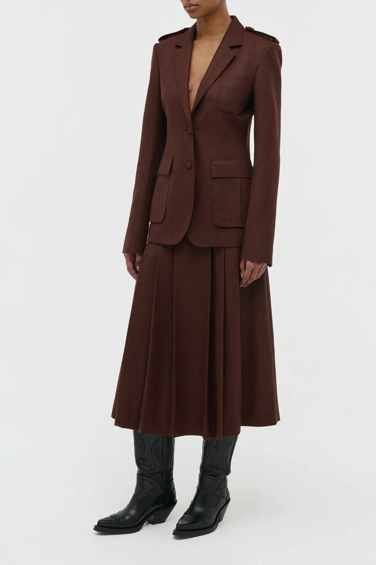 Tailored Cut Young adult Wesley Pleated Midi Skirt in Burnt Sienna Wool Cashmere Flannel