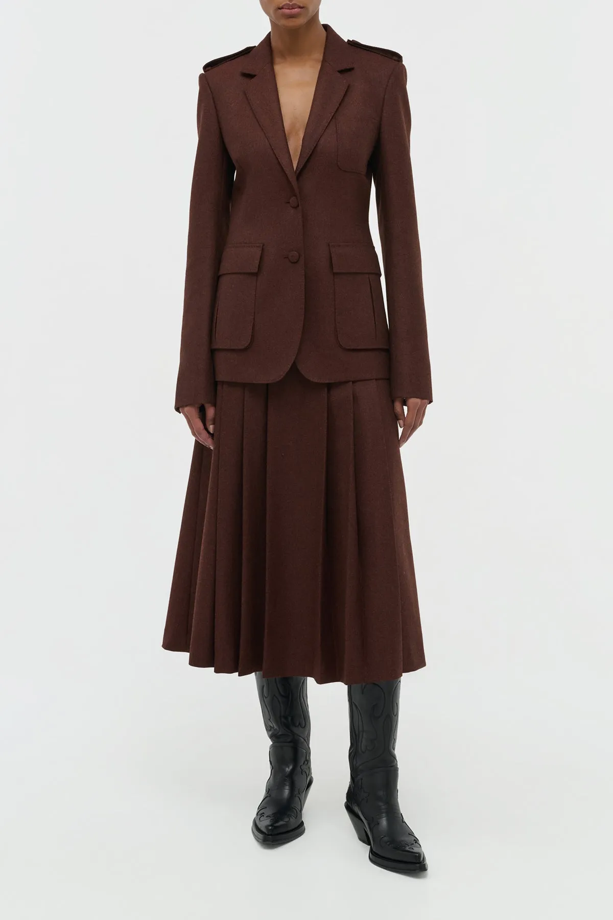 Weekend Vibes Easy Layer Wesley Pleated Midi Skirt in Burnt Sienna Wool Cashmere Flannel