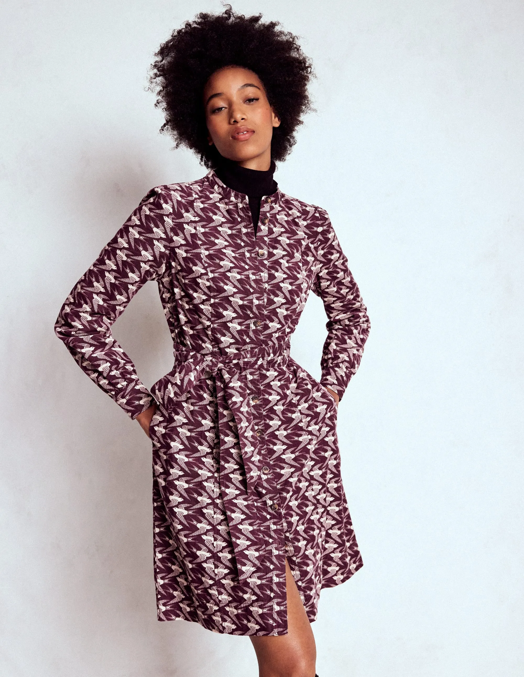 Youthful Look Bre Cord Short Dress-Dark Cherry, Swooping Swallow