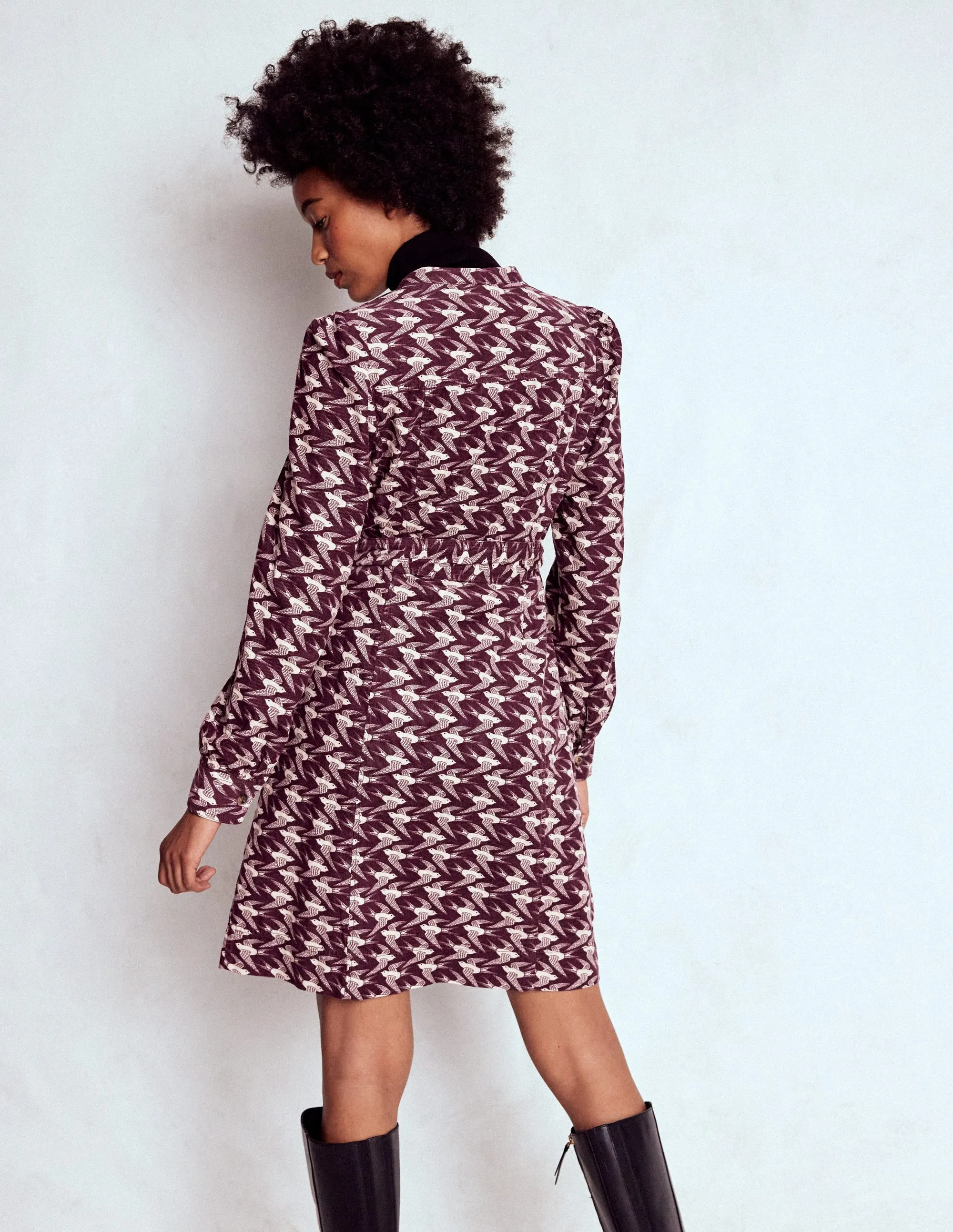 Anti Static Material Bre Cord Short Dress-Dark Cherry, Swooping Swallow