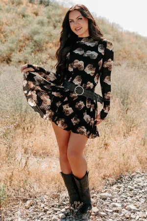Adjustable Ties Daring Heart Floral Mock Neck Mini Dress (Taupe/Black)