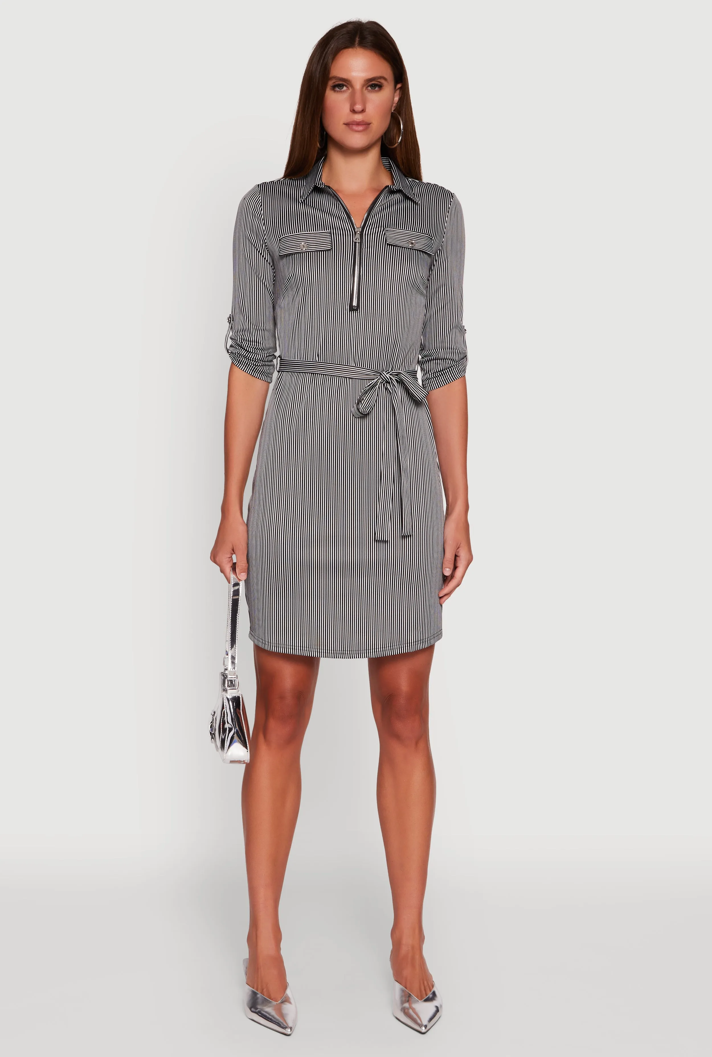 Striped Zip Front Midi Dress with Tie Waist Belt Charming Chic Wear Full Coverage Back