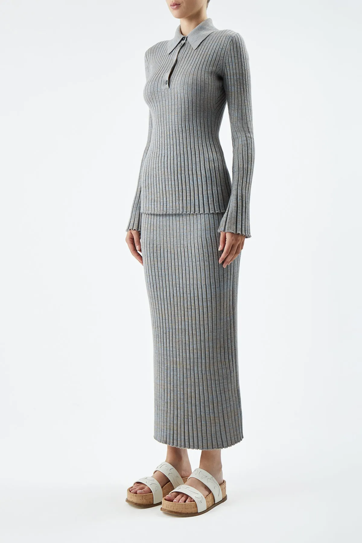 Conti Knit Midi Skirt in Light Blue Melange Cashmere Reinforced Seams Modern Chic