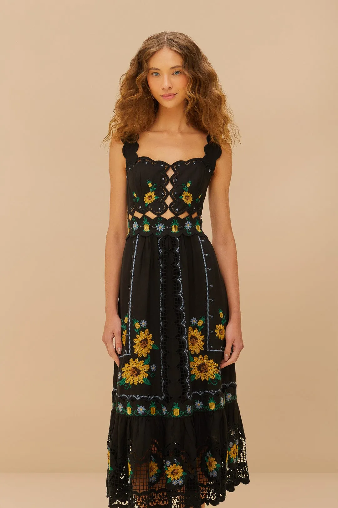 Black Cross Stitch Sunflower Richelieu LENZING? ECOVERO? Euroflax? Midi Dress Chic For Work Day To Night