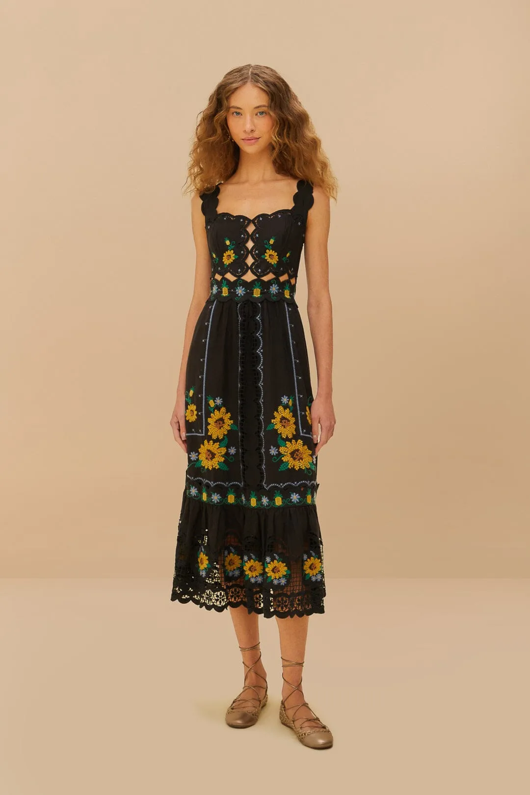 Black Cross Stitch Sunflower Richelieu LENZING? ECOVERO? Euroflax? Midi Dress Classic Comfort Cozy Wrap