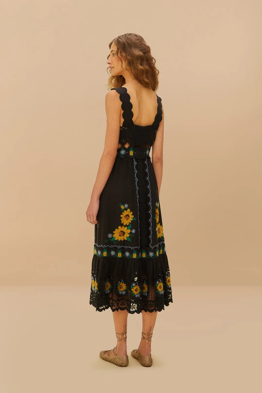 Black Cross Stitch Sunflower Richelieu LENZING? ECOVERO? Euroflax? Midi Dress Cliff Edge City Friendly