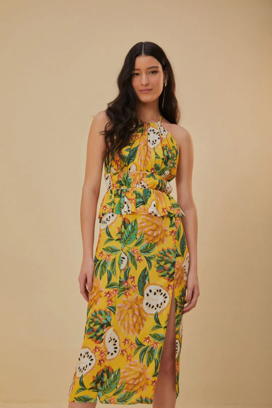 Yellow Biriba Sleeveless Midi Dress Fashion-forward piece for evening