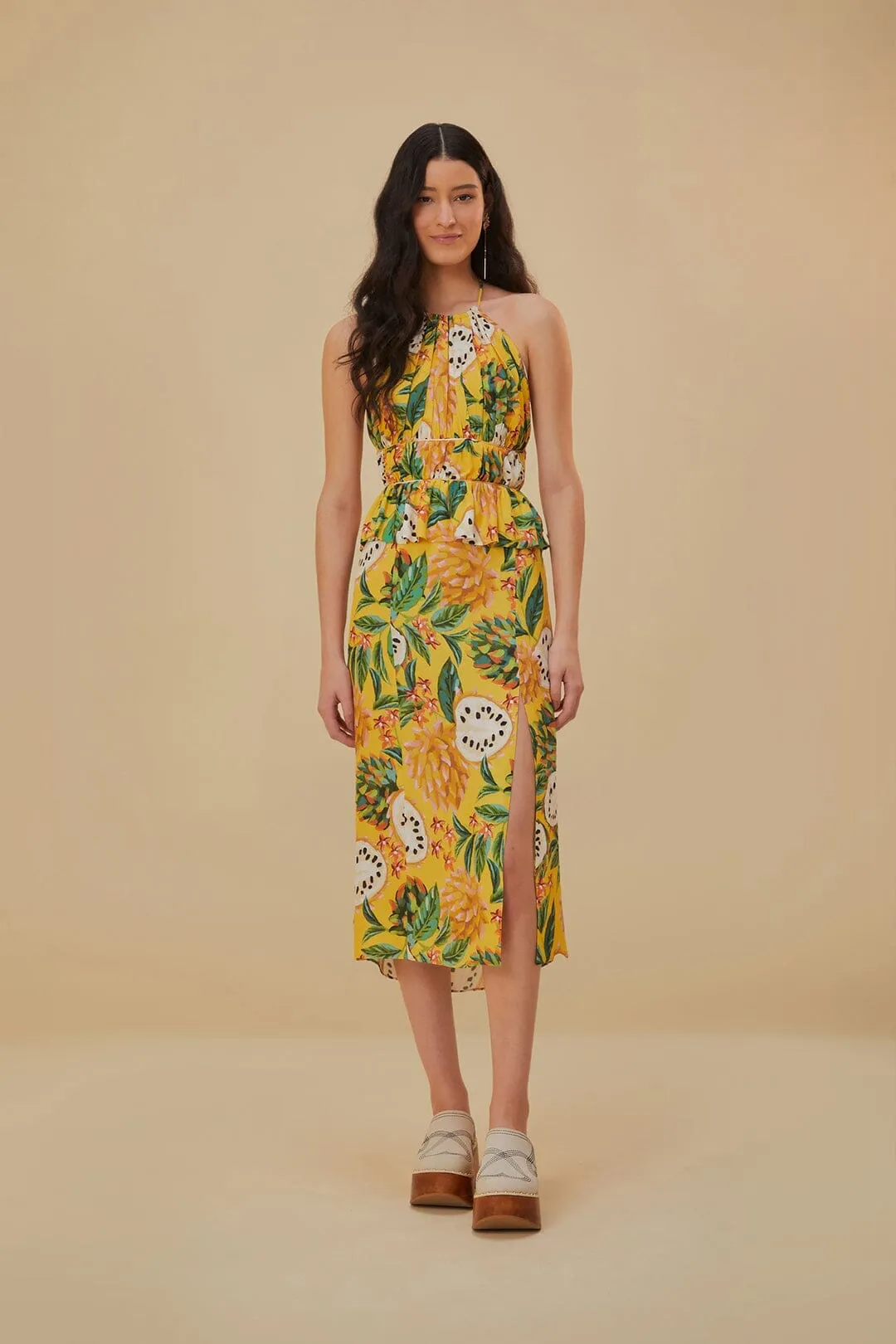 Yellow Biriba Sleeveless Midi Dress Dance Floor Elegant Silhouette